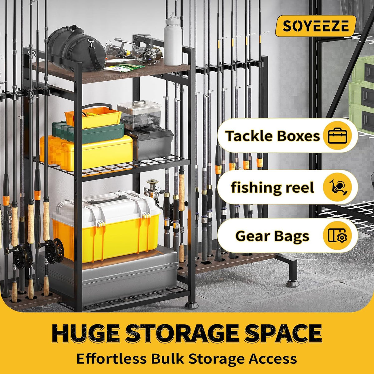 SOYEEZE Fishing Rod Holder for 28 Rods, Ground Stand Fishing Pole Holders for Garage, 3-Sided Vertical Fish Rod Rack for Tackle Box, Fishing Supplies,a Display Fish Gear Storage Gift for Man