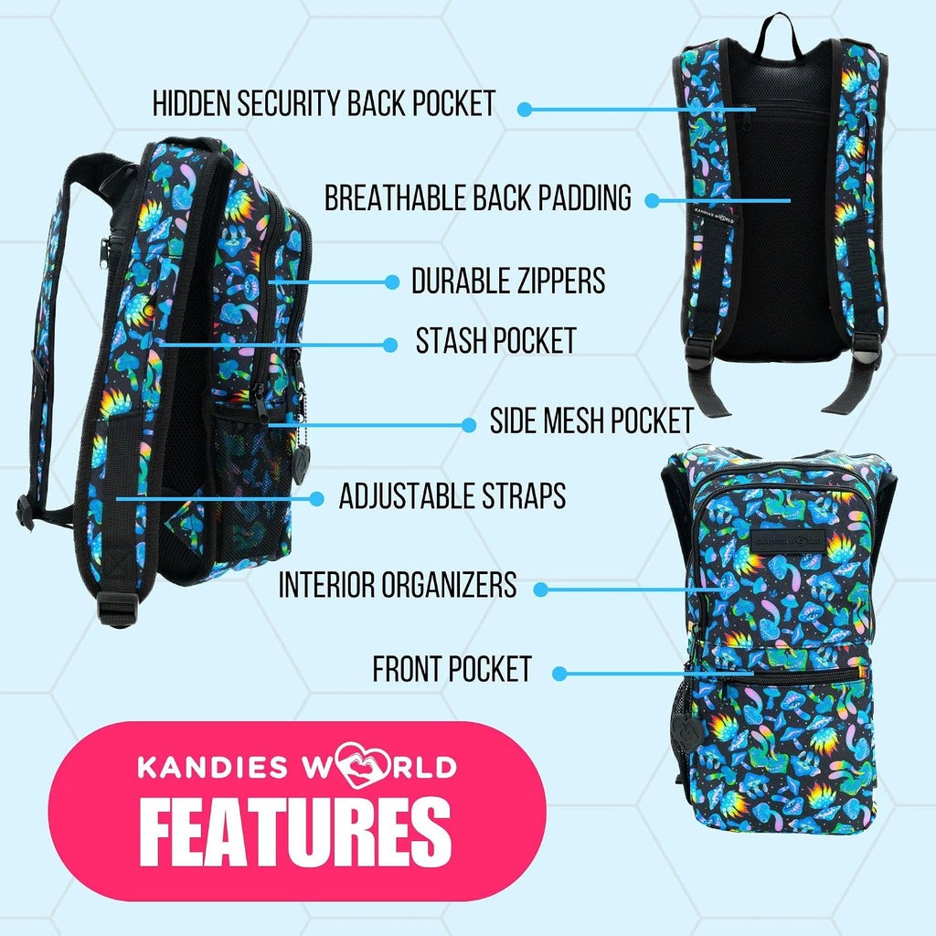 Kandies World Reflective Festival Hydration Pack - 2L Hydropack for Raves, Hiking, Biking, Running, and More (with Anti-Theft Pocket)