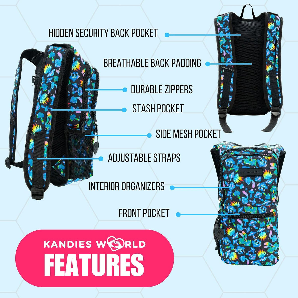 Kandies World Reflective Festival Hydration Pack - 2L Hydropack for Raves, Hiking, Biking, Running, and More (with Anti-Theft Pocket)