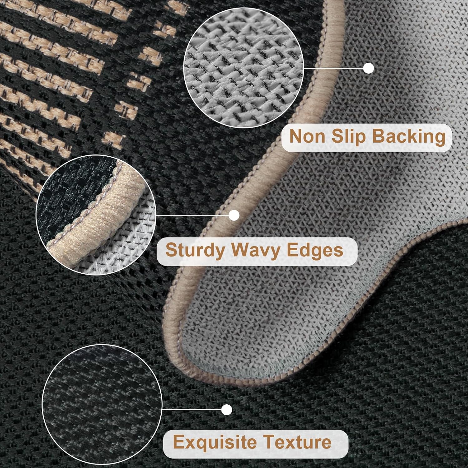 Modern Easy Jute 3x5 Outdoor Patio Rug, Black Washable Rugs for Entryway Indoor Kitchen Rugs, Farmhouse Neutral Non Slip Carpet for Living Room Backyard