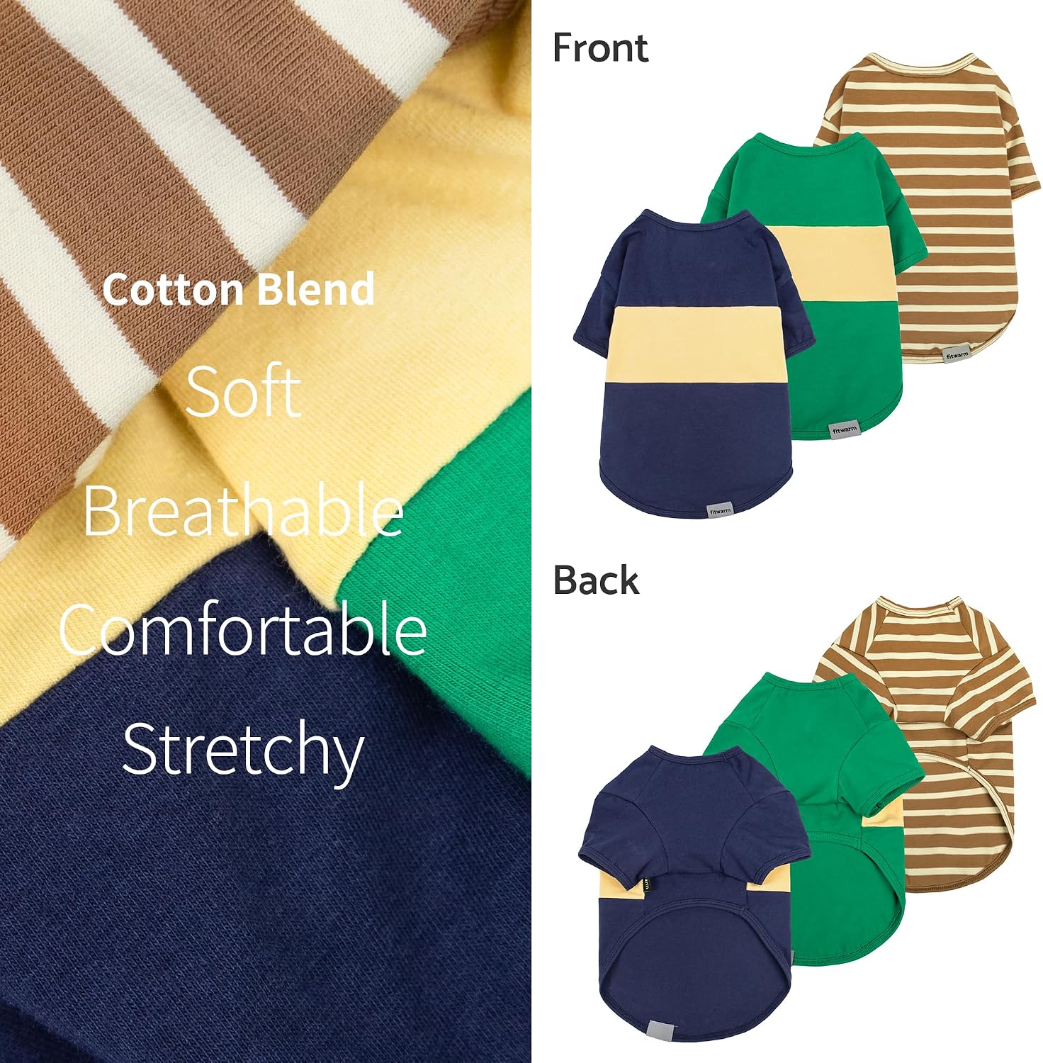 Fitwarm 3 Pack Color Block Striped Dog Shirt, Summer Dog Clothes for Small Dogs, Breathable Lightweight Dog Tshirt, Pet Outfit, Navy Blue, Sea Green, Brown, Small