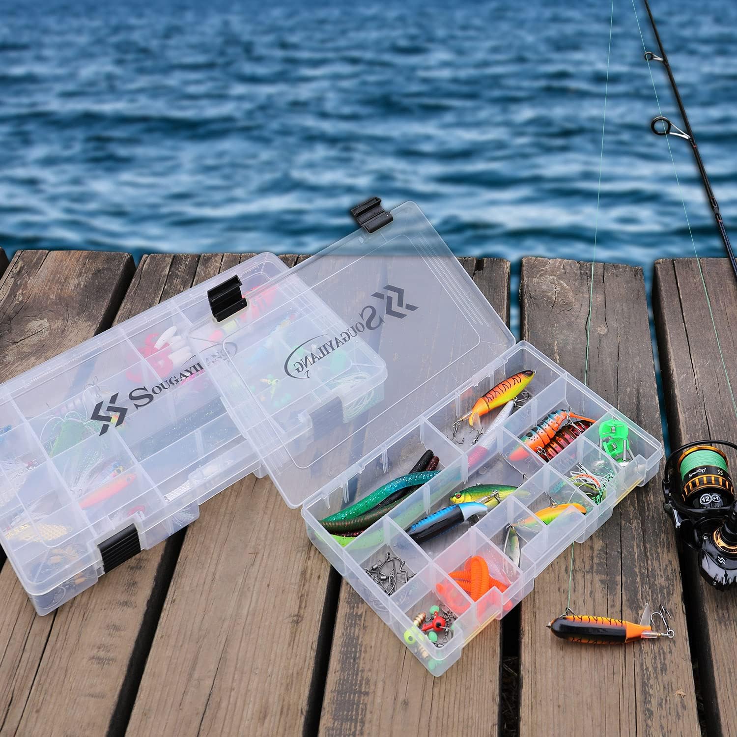 Sougayilang Fishing Tackle Boxes - 3600 3700 Plastic Storage Organizer Box with Removable Dividers - Fishing Tackle Storage - 4 Packs Transparent Tackle Trays