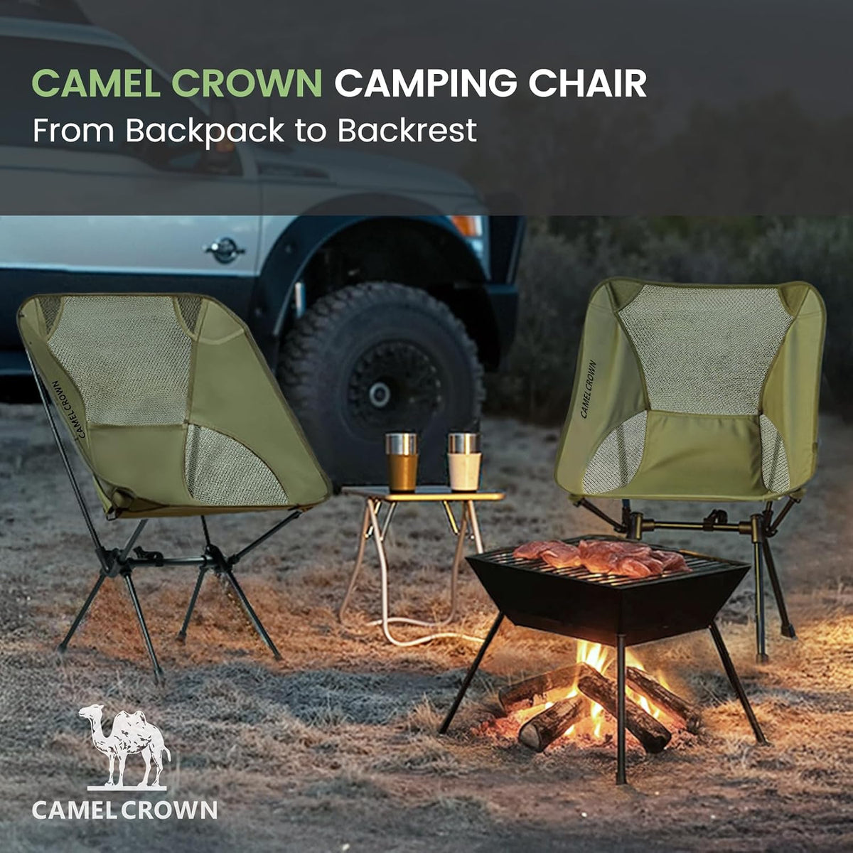 CAMEL CROWN Portable Camping Chair Lightweight Compact Folding Chair Mesh for Outdoor Camp Travel Beach Picnic Festival Hiking Backpacking Army Green 2 Pack