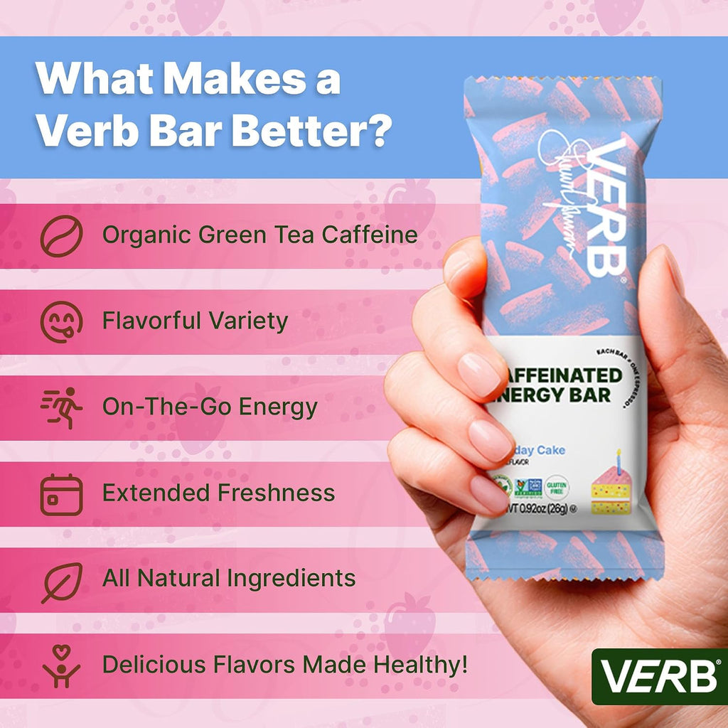 Verb Caffeinated Energy Bars Birthday Cake (26g, Pack of 16) 110 Calories