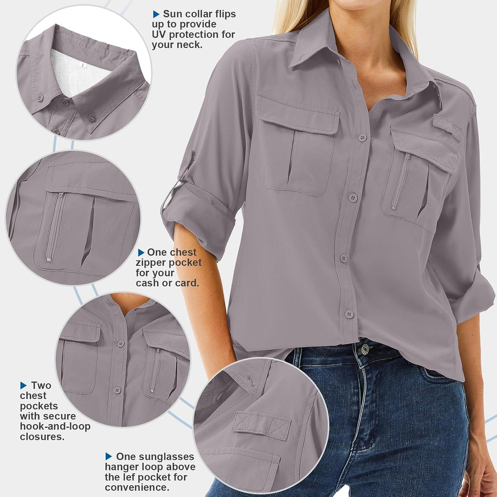 Women's UPF 50 Long Sleeve Sun Protection Safari Fish Hiking Shirts