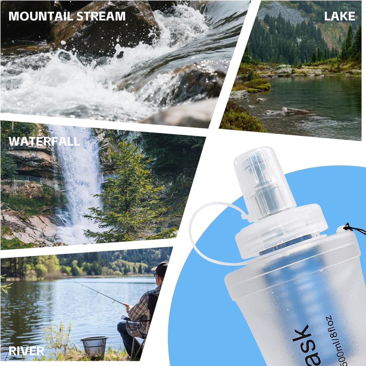 AXEN Collapsible Water Bottle with Filter for Hiking Travel, 1000ml Clear