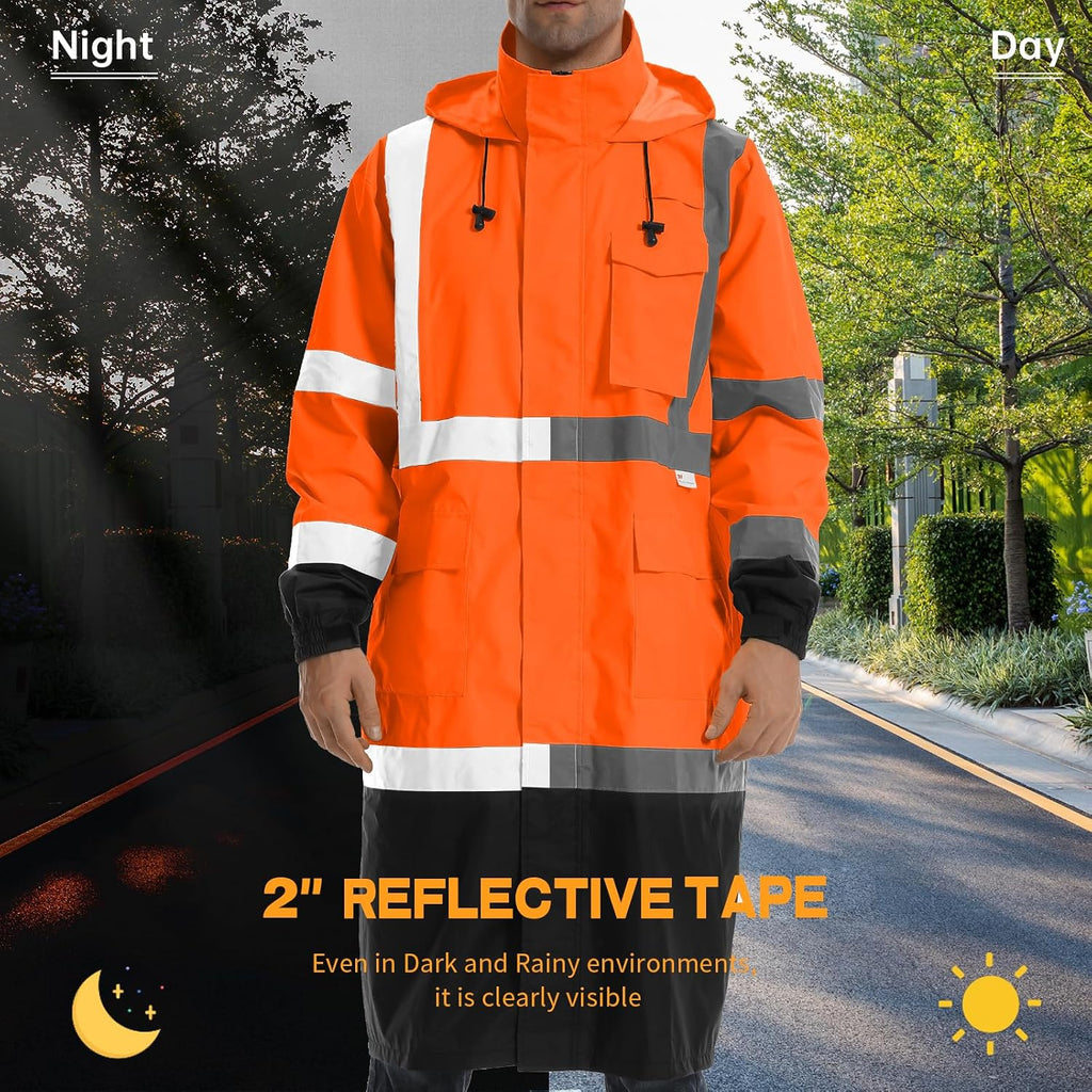 Hi Vis Rain Jacket with 3M Reflective Stripe,High Visibility Class 3 Rain coats,Safety Waterproof Rain Suits for Men with Hood and 2 Large Pockets construction work rain gear(Orange L)