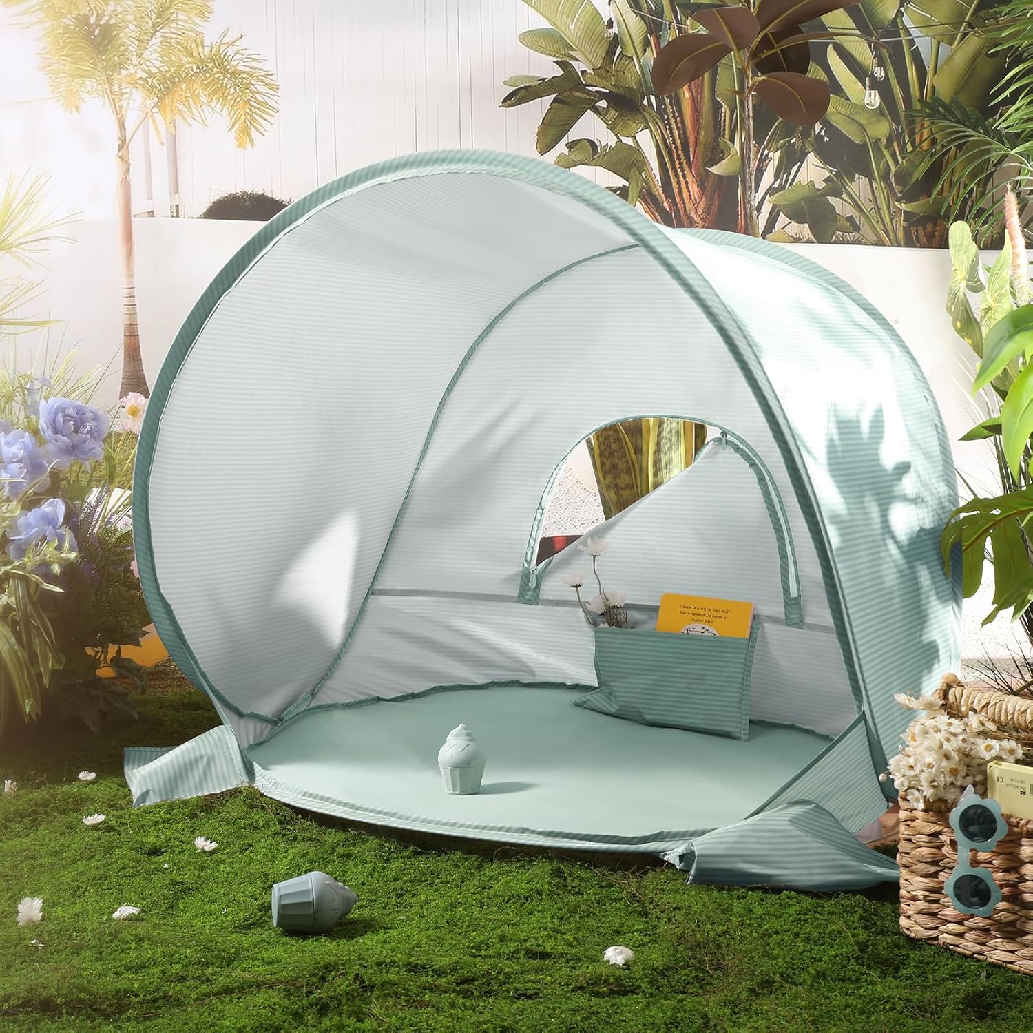 Tiny Land Baby Beach Tent, Pop Up Baby Tent with UPF 50+ Sun Protection | Portable Baby Beach Essentials, 35.4"x27.6"x31.5" Sun Shelter for Infants, Baby Outdoor Use, Pastel Aqua