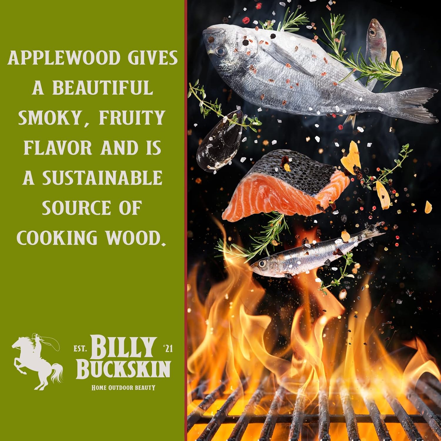 Billy Buckskin 18 LB Applewood Cooking Firewood – Includes 1lb 100% Natural Apple Wood Chips & Fatwood Starter Sticks for Fire Pit, Campfire, Fireplace, Wood Stoves and Outdoor Grilling