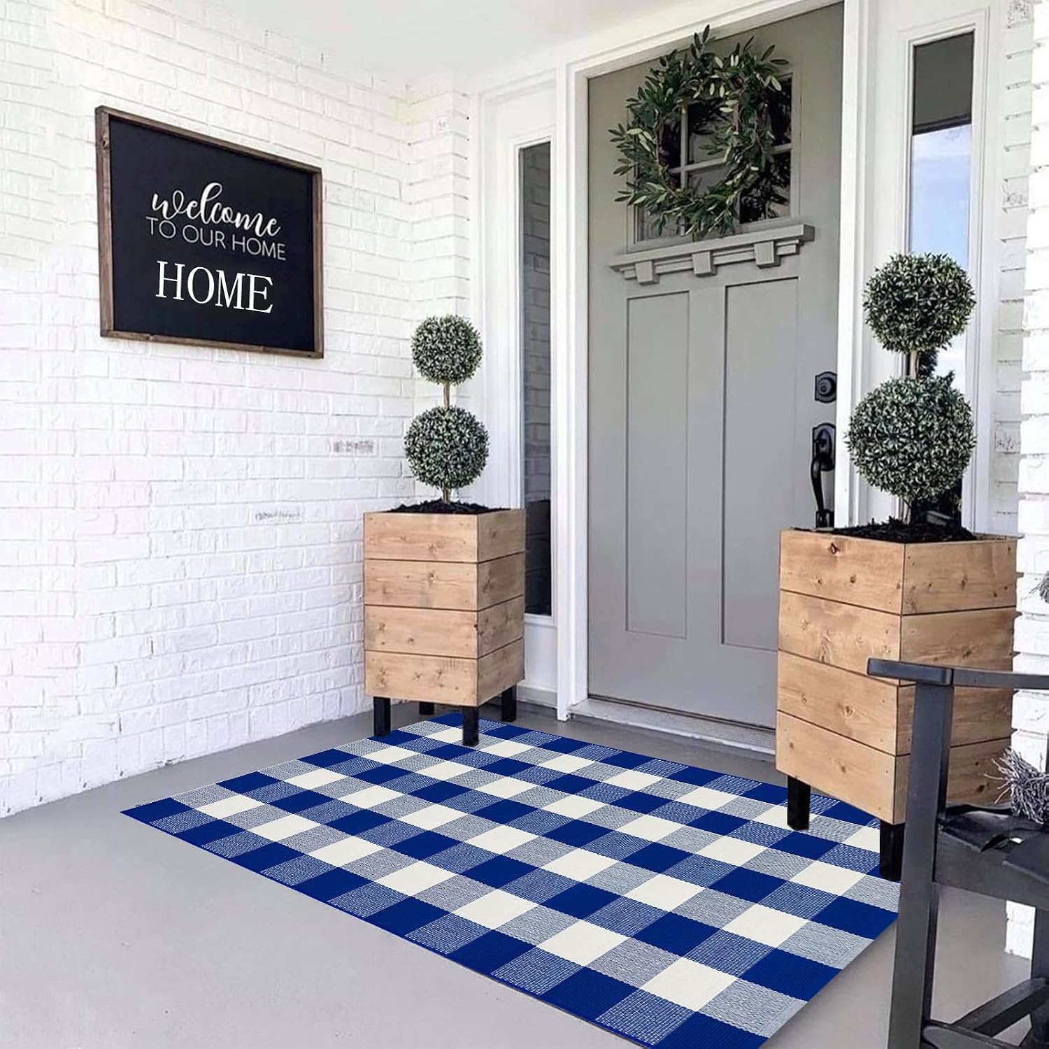 MUBIN Cotton Buffalo Plaid Rug, 3' x 5' Blue White Outdoor Rug Front Door Decorative Mat, Washable Doormat Hand-Woven Foldable Area Rug Layered Door Mats Rug for Front Porch, Entryway, Patio