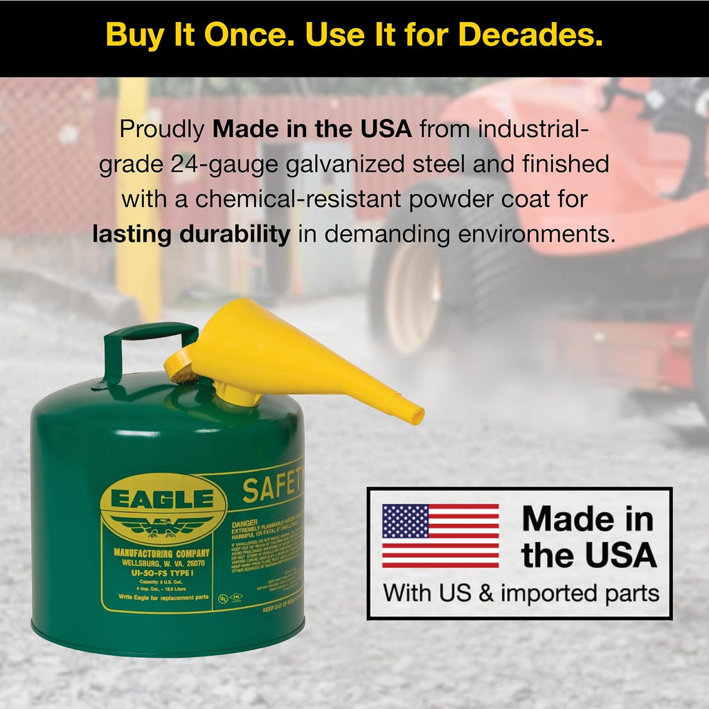 Eagle 5 Gallon Type I Green Safety Gas Can for Oil and Other Combustibles