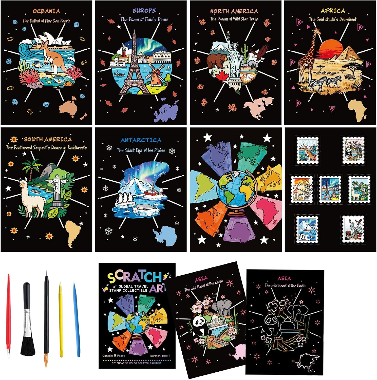 Scratch Art Adult DIY Paint by Scratch Rainbow Scratch Paper Art Colorful Sketches Scratch with 5 Scratch Tool for DIY Craft Gift（Ocean World）