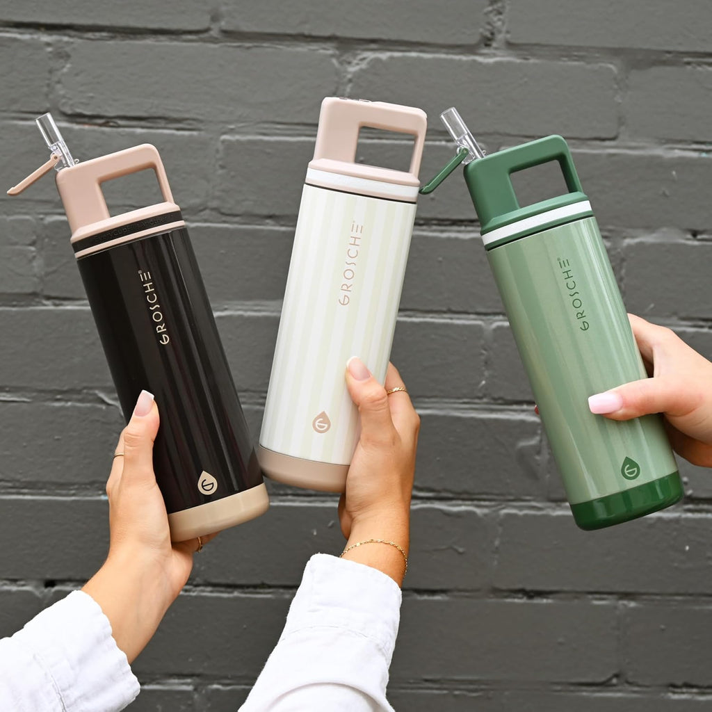 GROSCHE Alpine Shimmer Water Bottle with Straw Lid, Eucalyptus Green, 20 oz