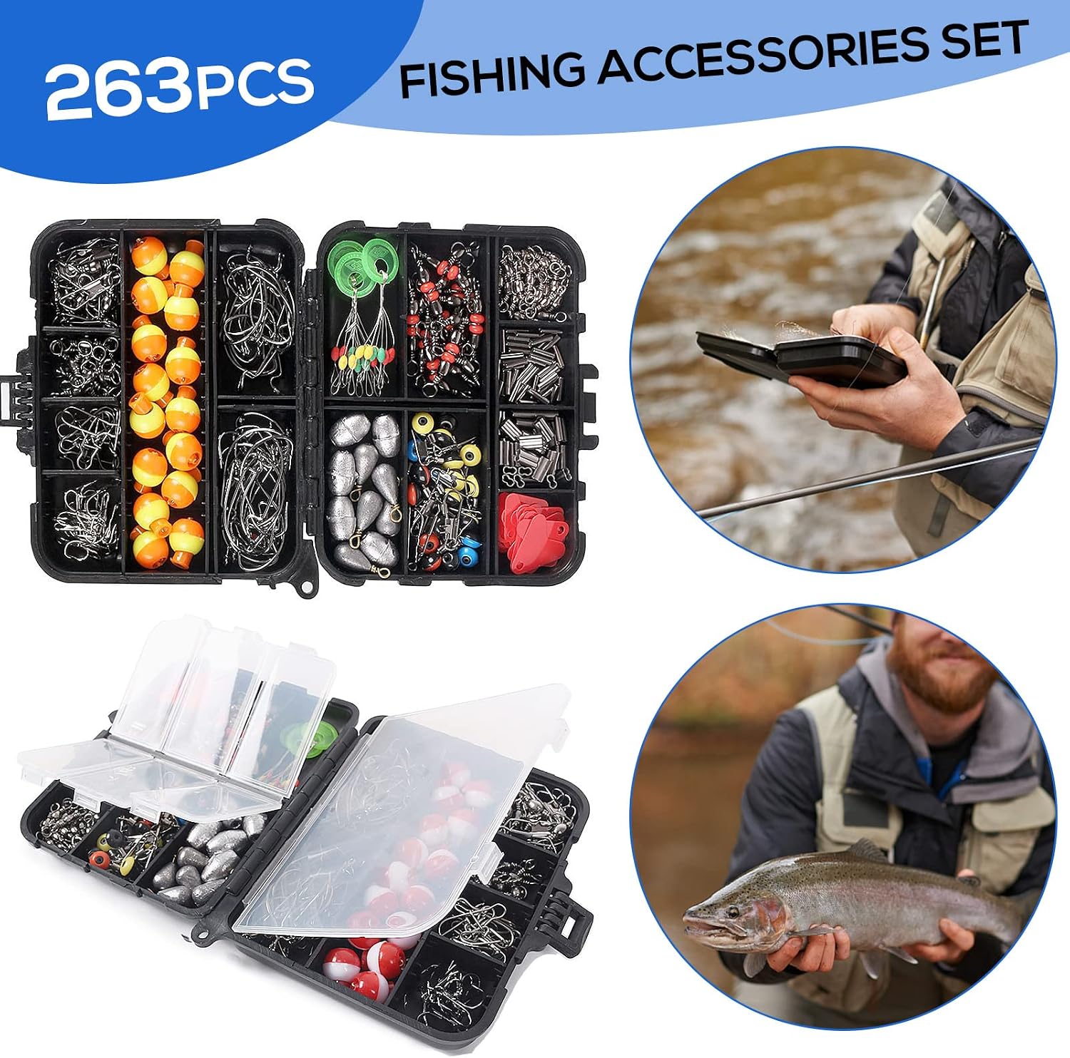 263pcs Fishing Accessories Set with Tackle Box Including Plier Jig Hooks Sinker Weight Swivels Snaps Sinker Slides