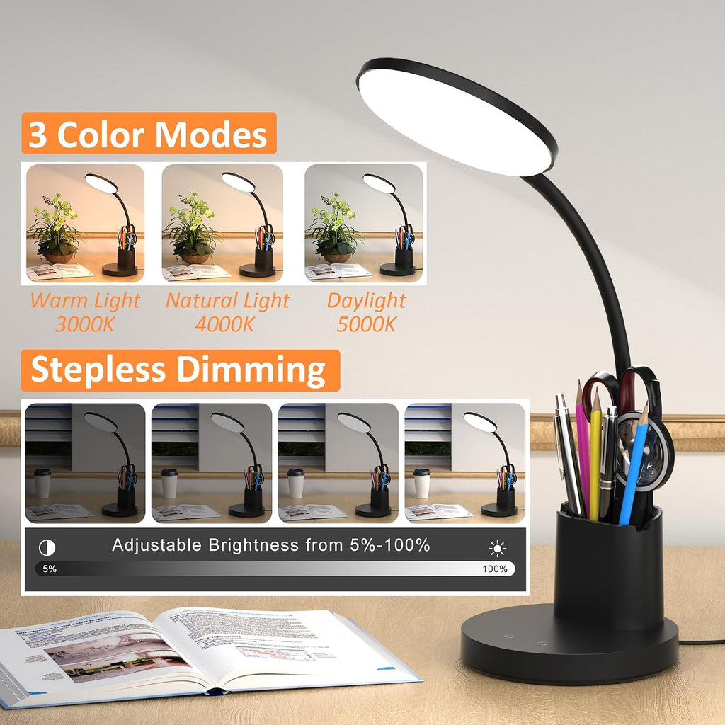 LED Desk Lamp for College Dorm with Pen Phone Holder, Black