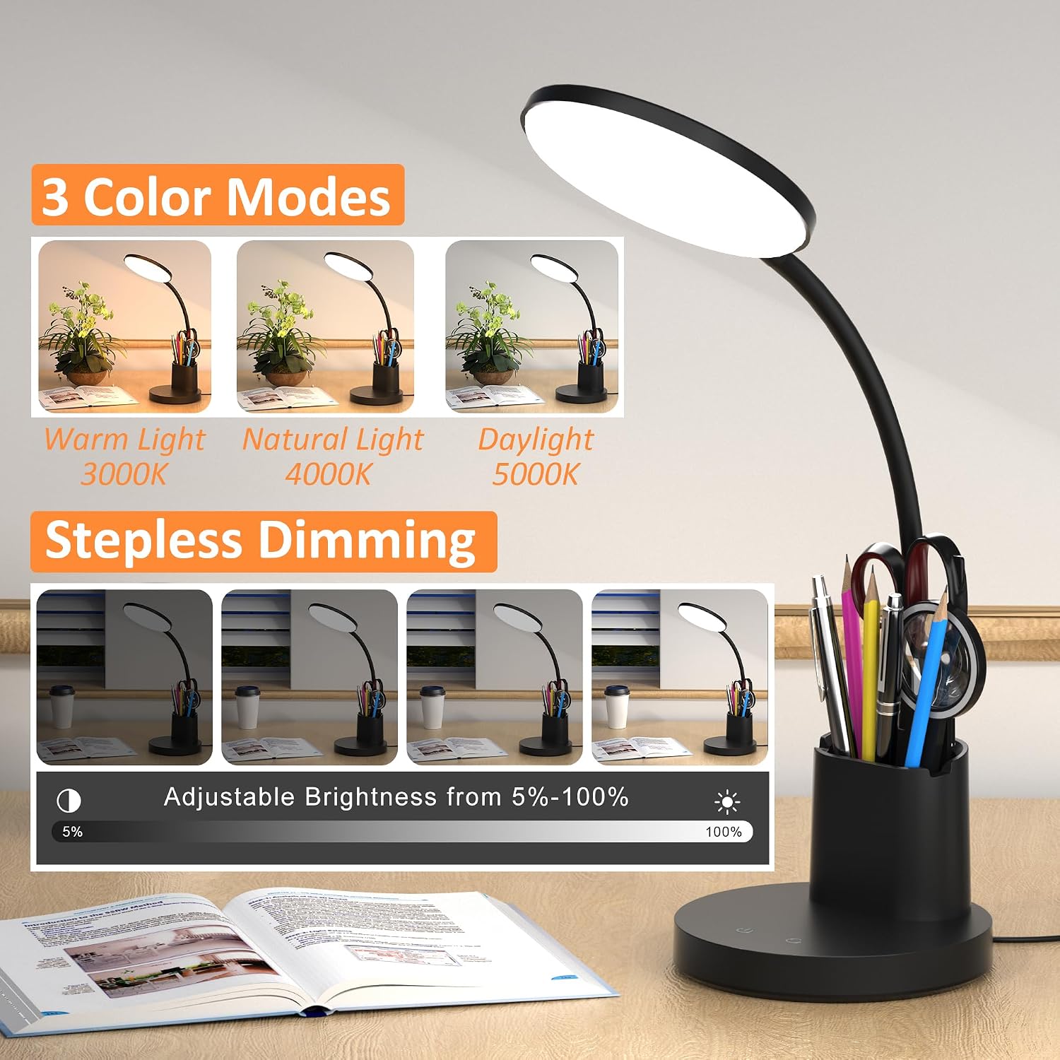 LED Desk Lamp for College Dorm with Pen Phone Holder, Black