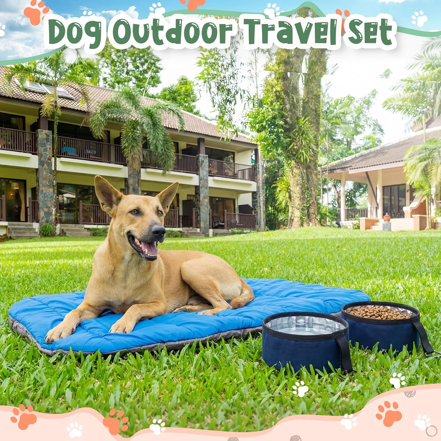 4 Pcs Dog Camping Essentials Set Include 1 Pack 39.4 x 29.5 Inch Foldable Dog Bed 2 Pcs Portable Collapsible Dogs Bowls 1 Pack 50 ft Heavy Duty Pet Tie Out Cable for Camping Travel Outdoor Activities
