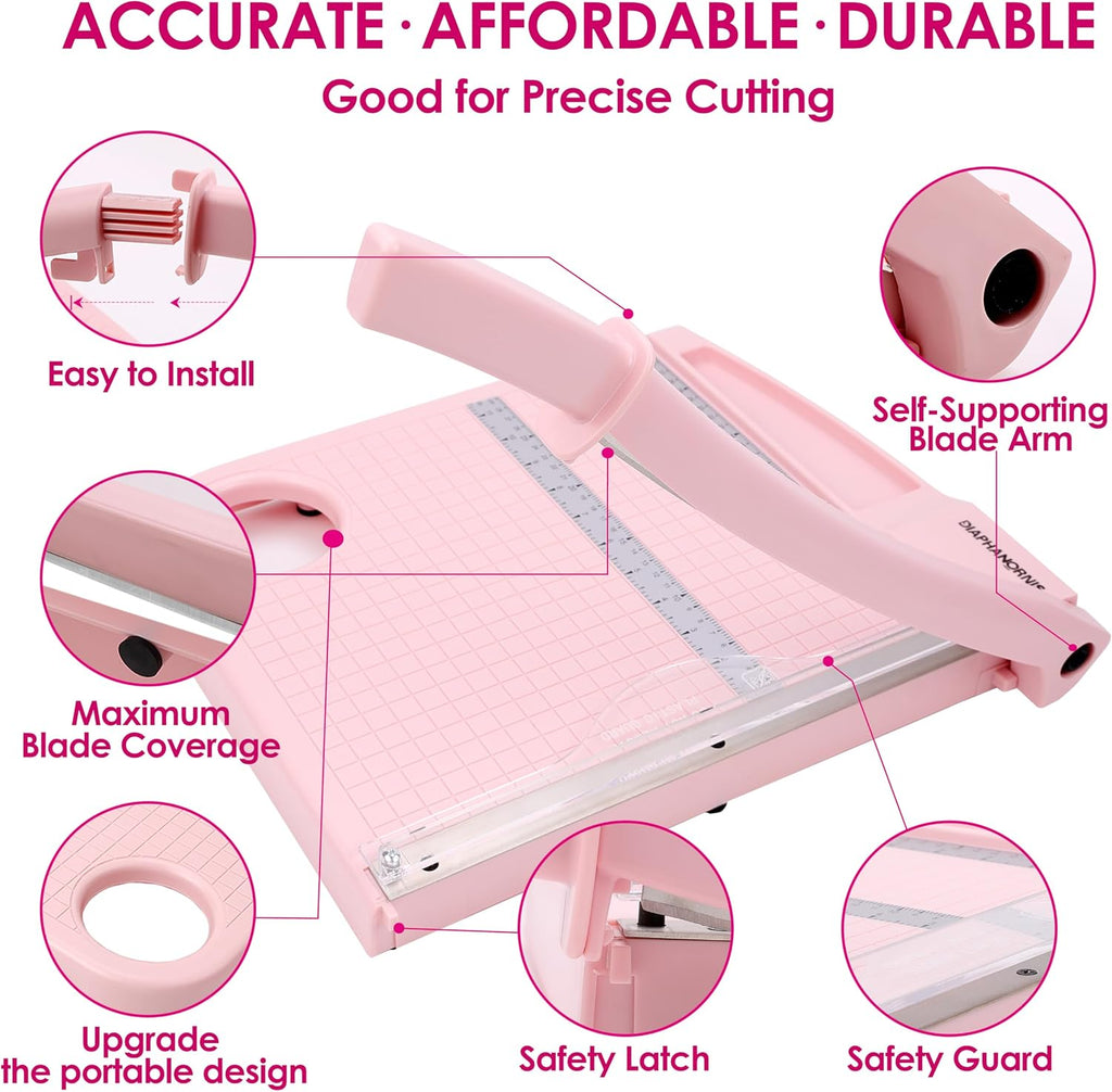 12" Paper Cutter, Precision Cut with Safety Protection and Blade Lock, 12 Sheet Capacity, Great for Cardstock, Cardboard, Photo, Vinyl, Crafts, Scrapbook (Pink)