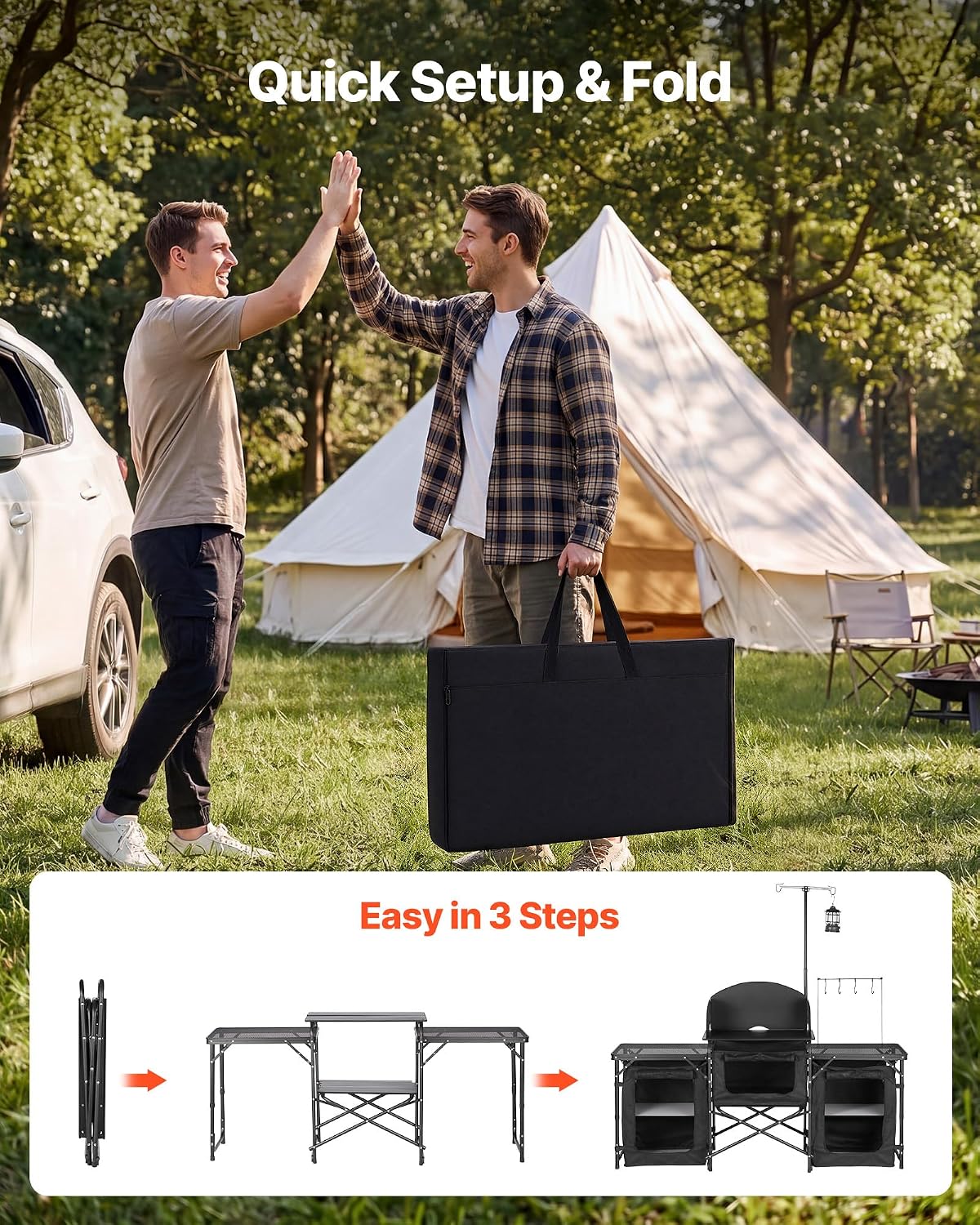 VEVOR Camping Kitchen Table, Outdoor Camp Cooking Table, Portable Cook Station with Storage Cupboard, Carrying Bag, Detachable Windscreen, Quick Set-up for BBQ Party Picnic RV Travel, Black