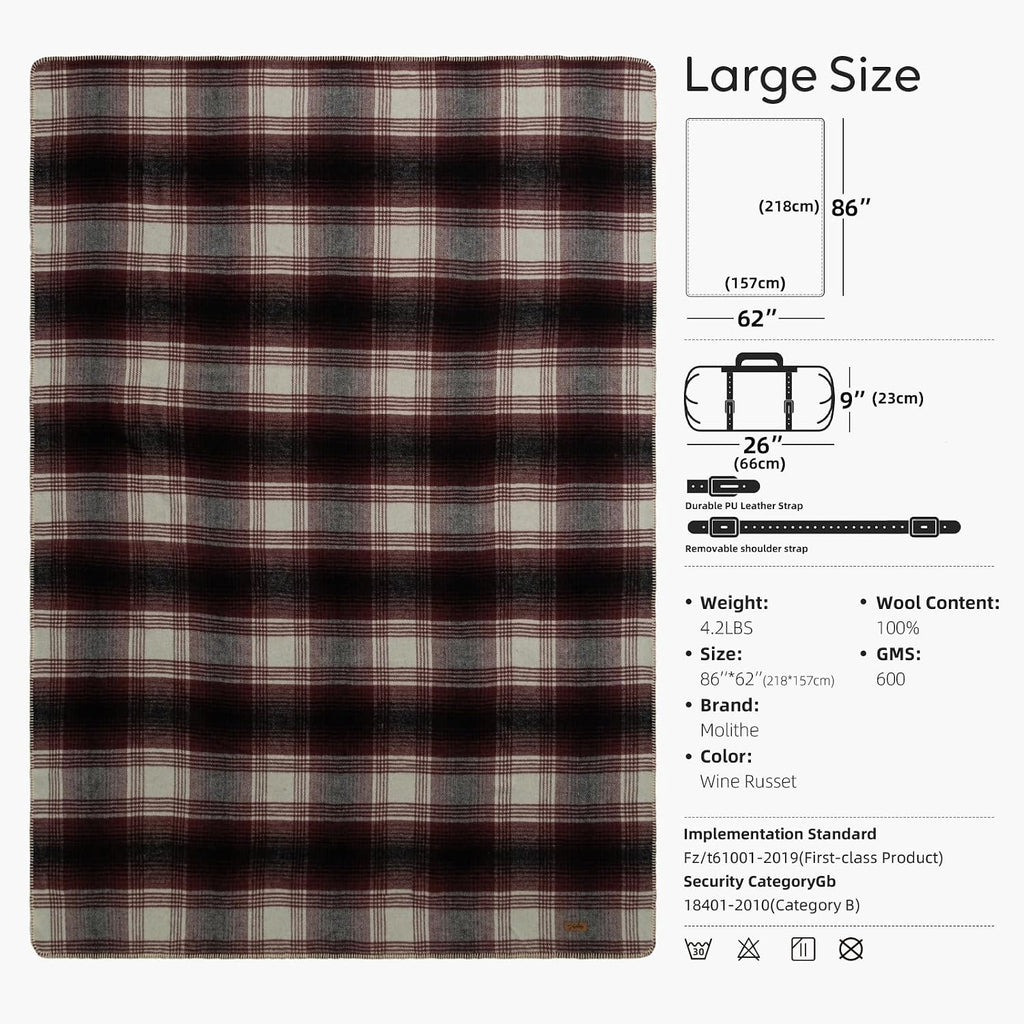 Molithe 100% Wool Blanket, 62" x 86", Warm, Thick, Military, Camping Gear