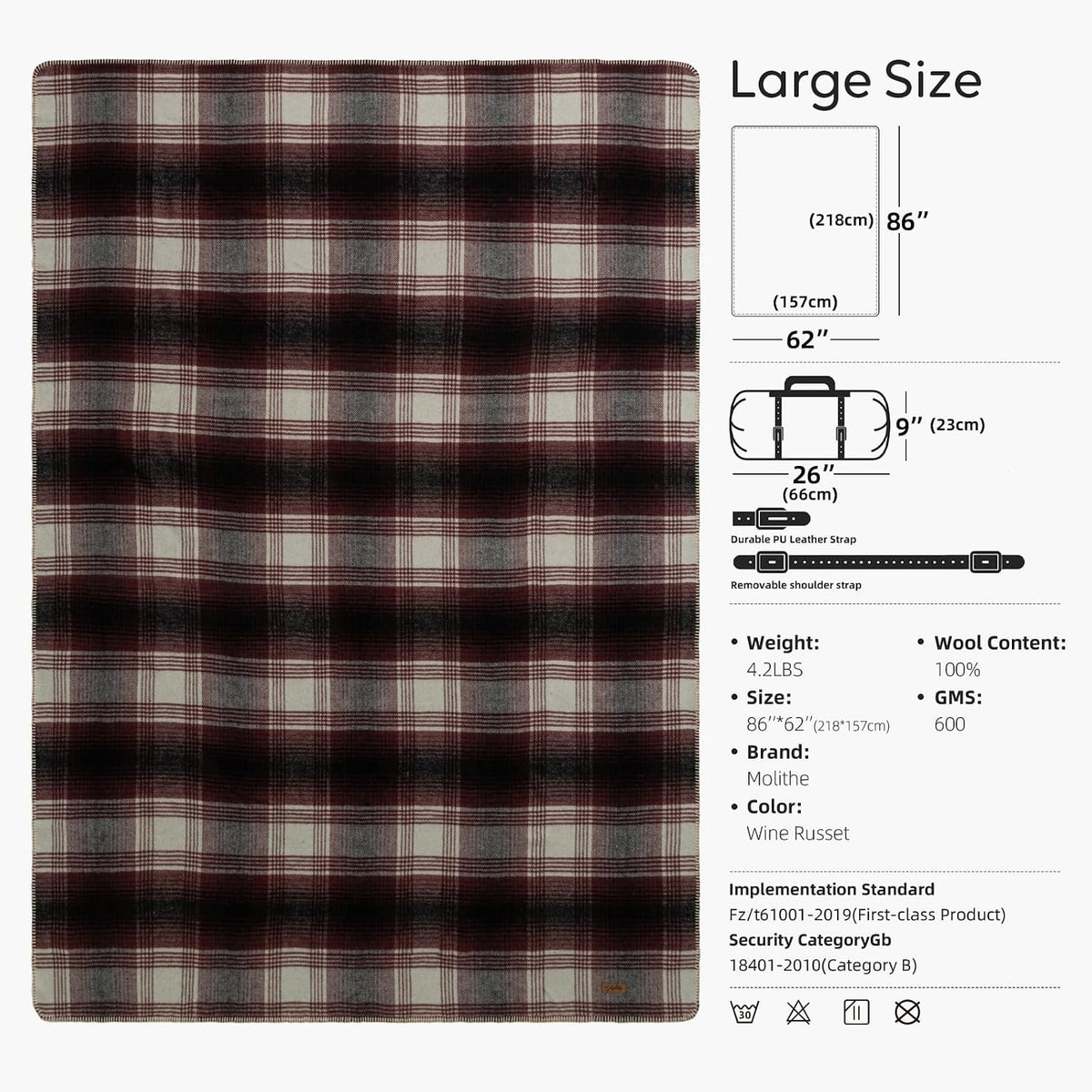 Molithe 100% Wool Blanket, 62" x 86", Warm, Thick, Military, Camping Gear