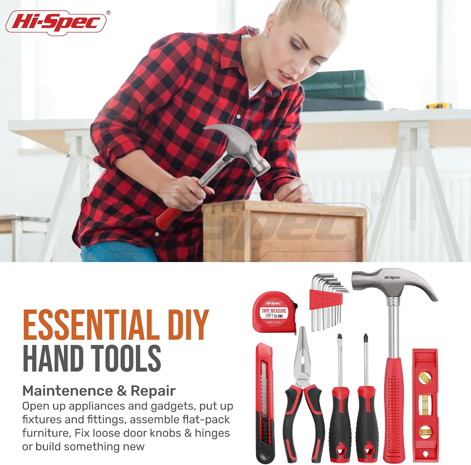 Hi-Spec 8V USB Cordless Drill Driver Home Tool Kit for Home DIY, Red