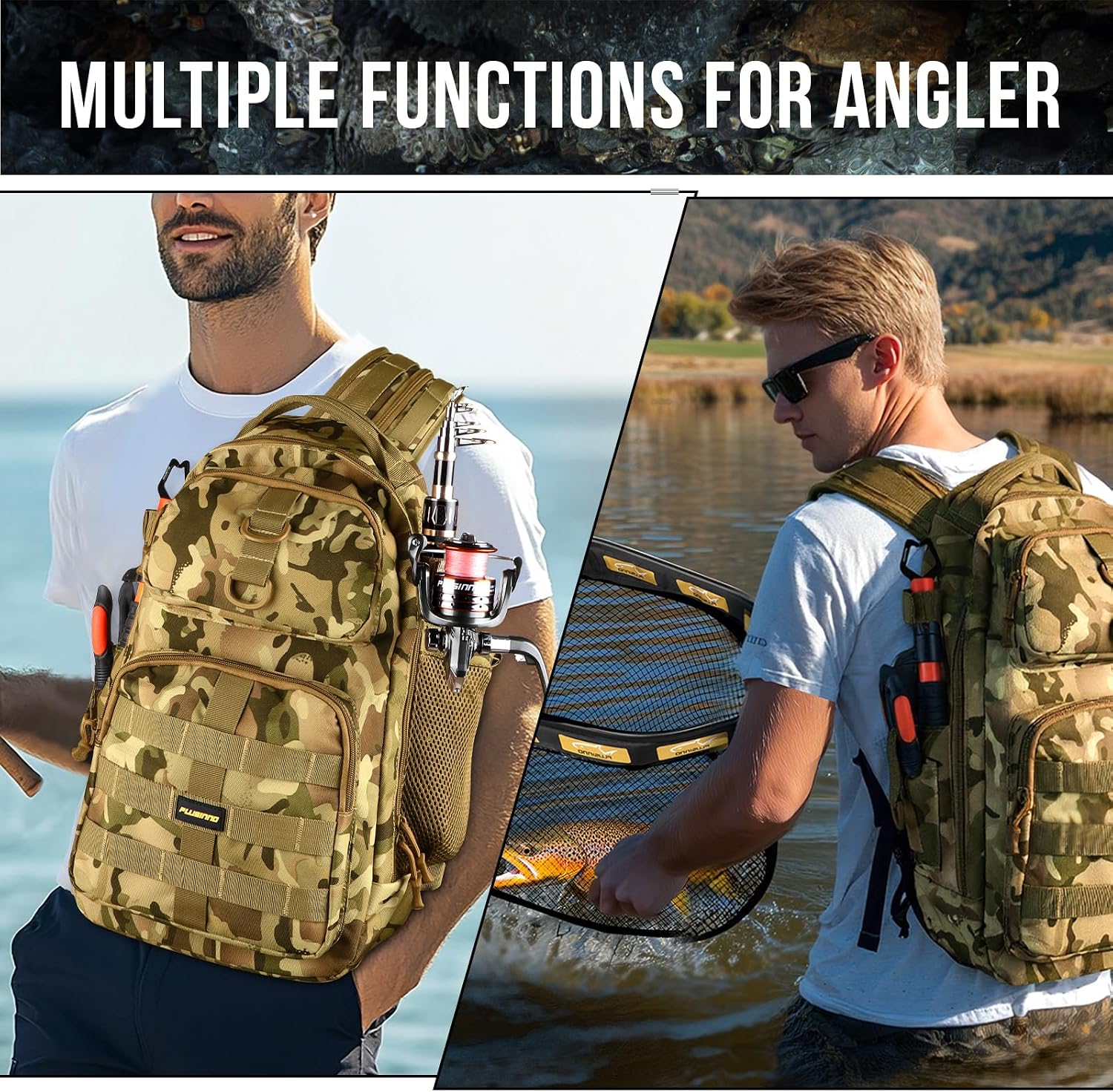 PLUSINNO Fishing Backpack with Fishing Net & Tackle Box, Tackle Bag