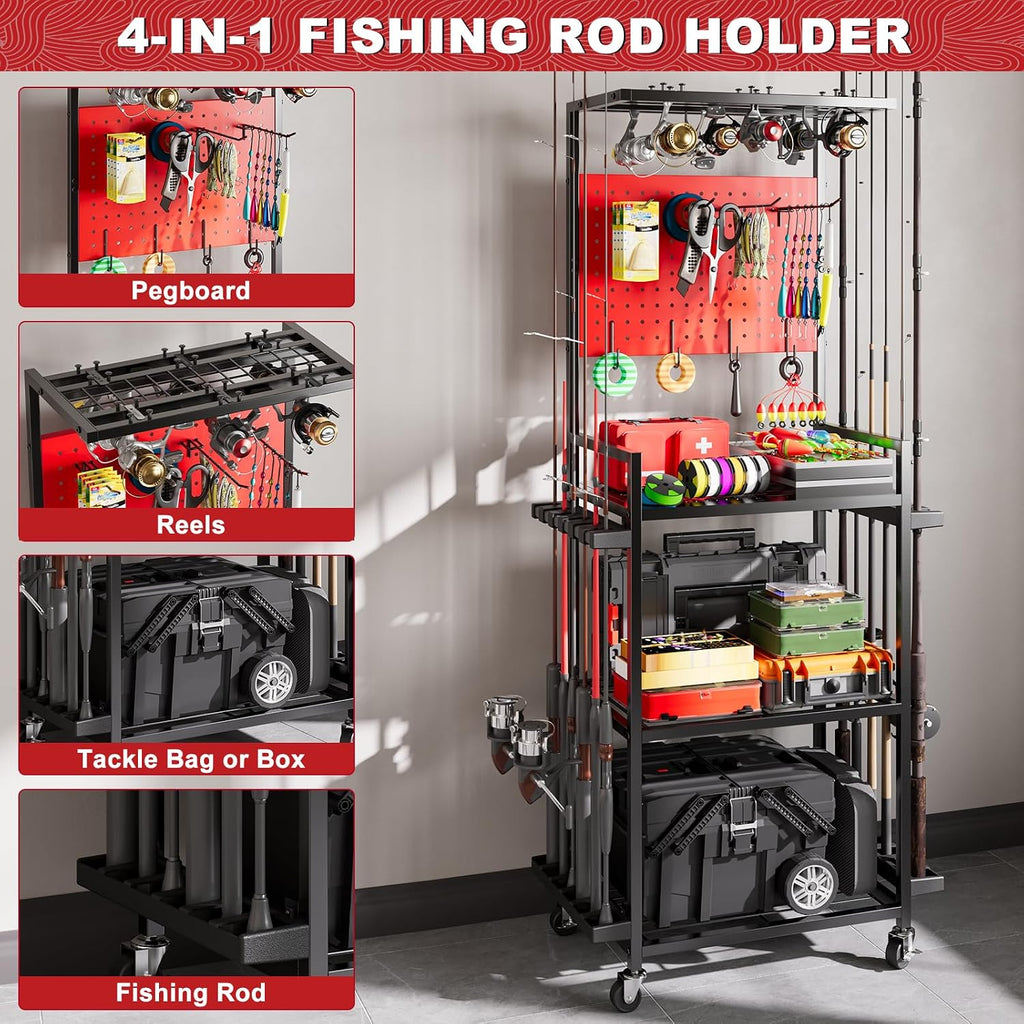 Fishing Rod Holders for Garage, 12-Rod Rolling Tackle Cart, Red