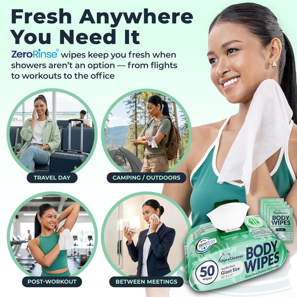 Body Wipes for Women - Gentle - No Rinse Bathing Wipes - 50 Ct + 4 Travel