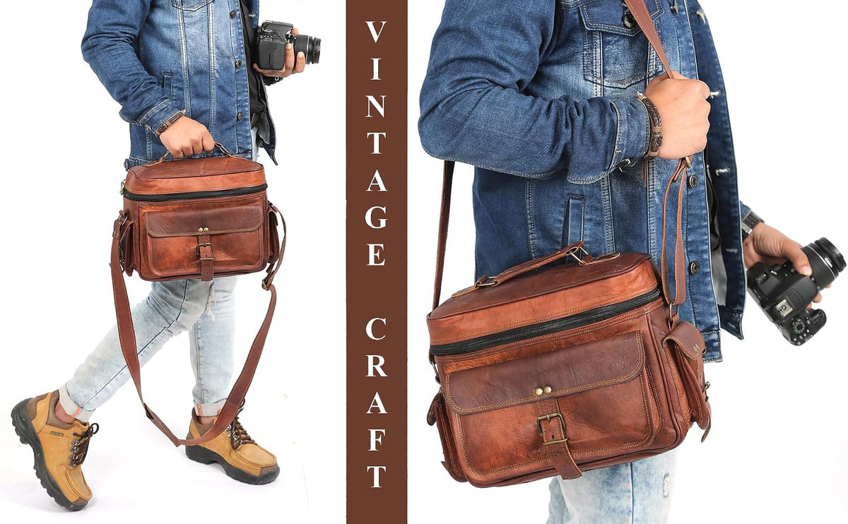 Leather Messenger Bag for Camera - Vintage Shoulder Satchel Camera Bag for DSLR, Canon, Nikon, Fuji Cameras - Travel, Portable Photography Bag