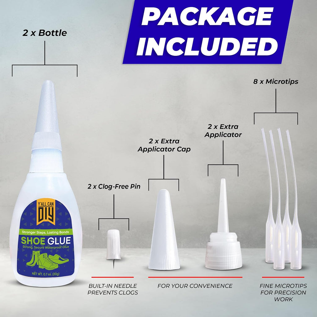 Y’allCanDiy Super Glue for Shoe. 2 Pk x .7 Oz. (20g) Heavy Duty Shoe Adhesive for Shoe Sole Repair and Applicable as Waterproof Boot Shoe Repair Glue. Cyanoacrylate Based CA Glue for Rubber Soles