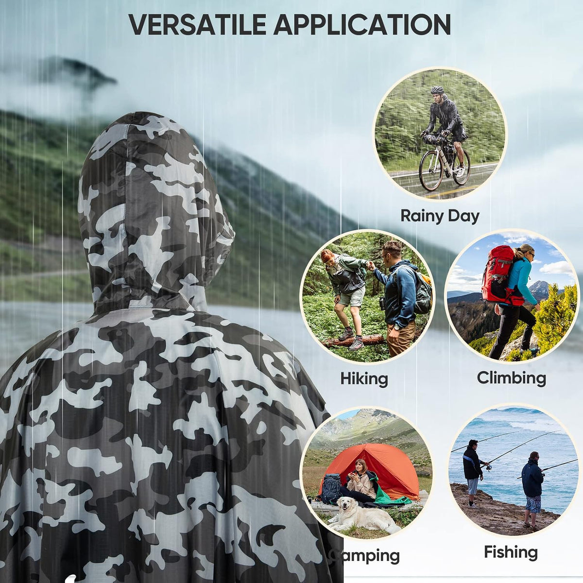 PTEROMY Hooded Rain Poncho for Adults, Reusable Waterproof Raincoat