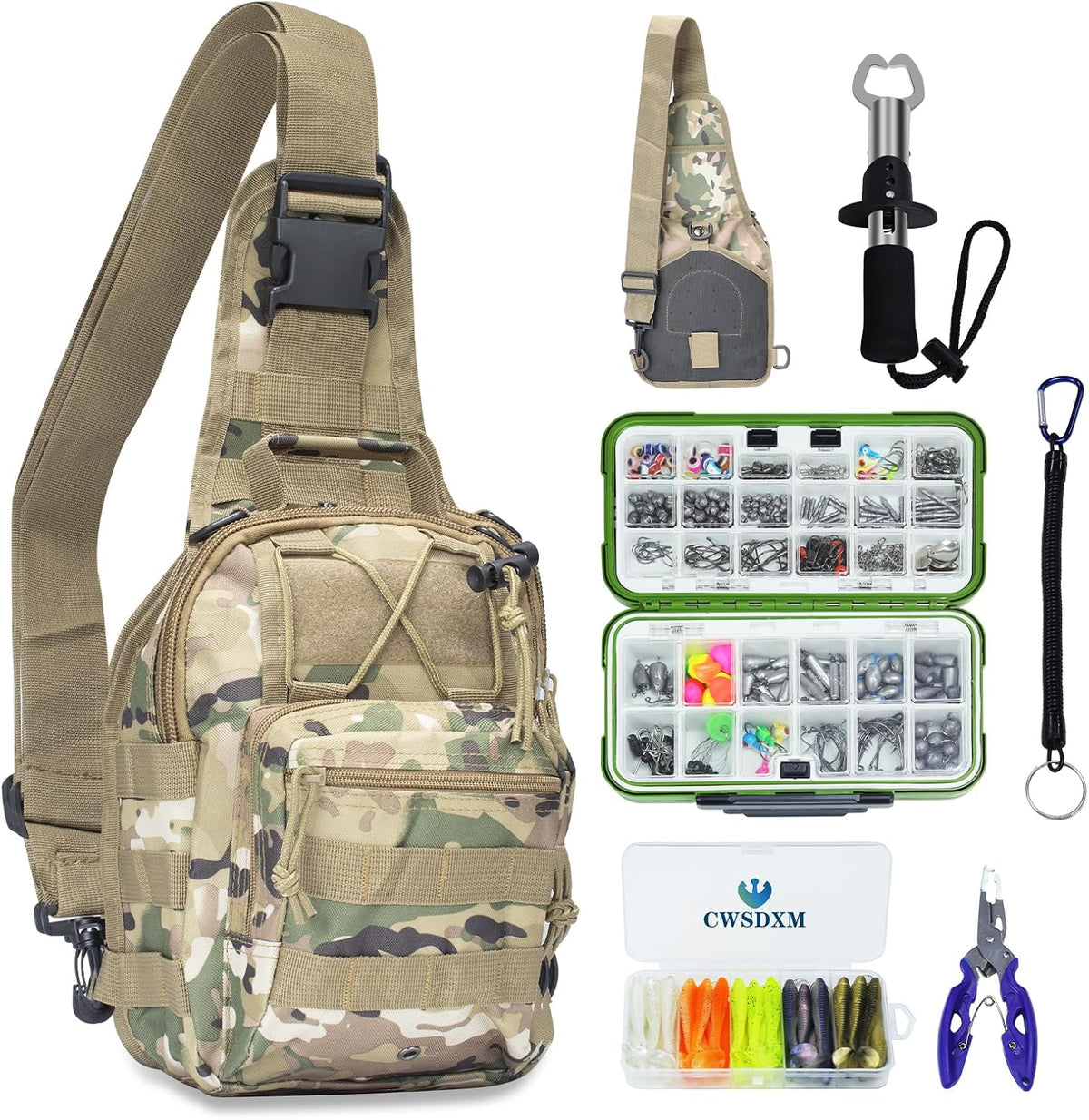 Sling Fishing Backpack Waterproof, Compact On-The-Go Tackle Bag with 2 Boxes, Camo Black Khaki (Night Camo With Two Tackle Boxes)