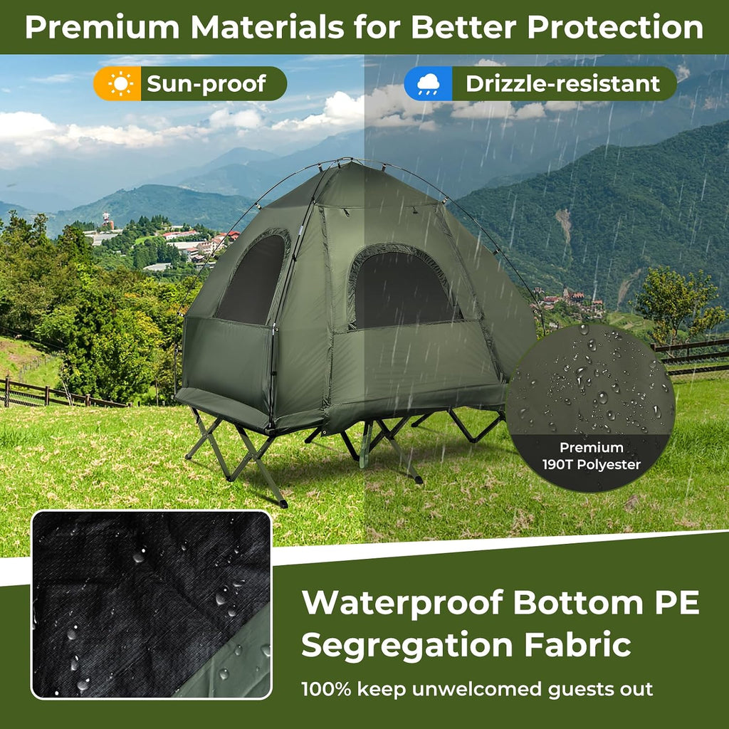 GYMAX Tent Cot, 5-in-1 Folding Camping Cot with Mattress & Pillows, Sleeping Bags, Sunshade, Camping Tent Elevated with Carrying Bag for Outdoor Hiking, Fishing, Picnic (2-Person)