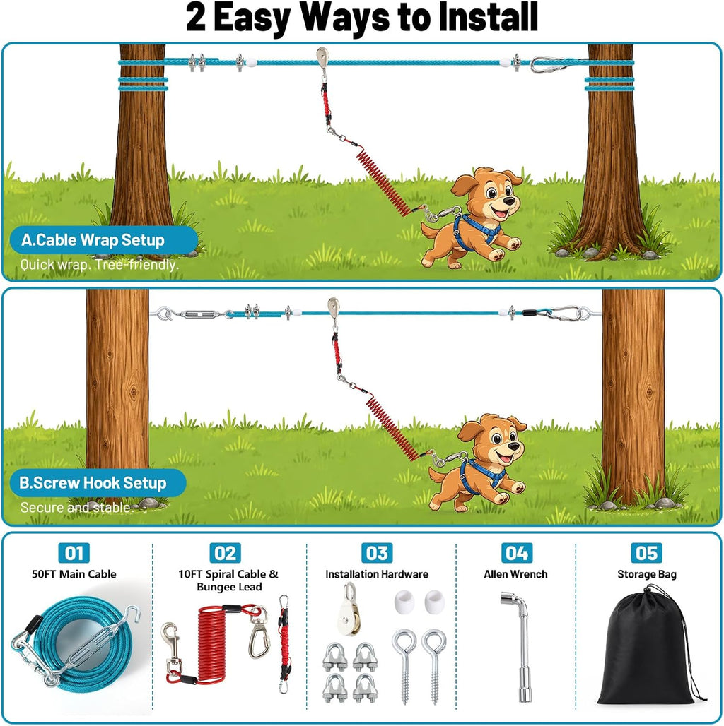 50FT Dog Zip Line System for Large Dogs Up to 300lb