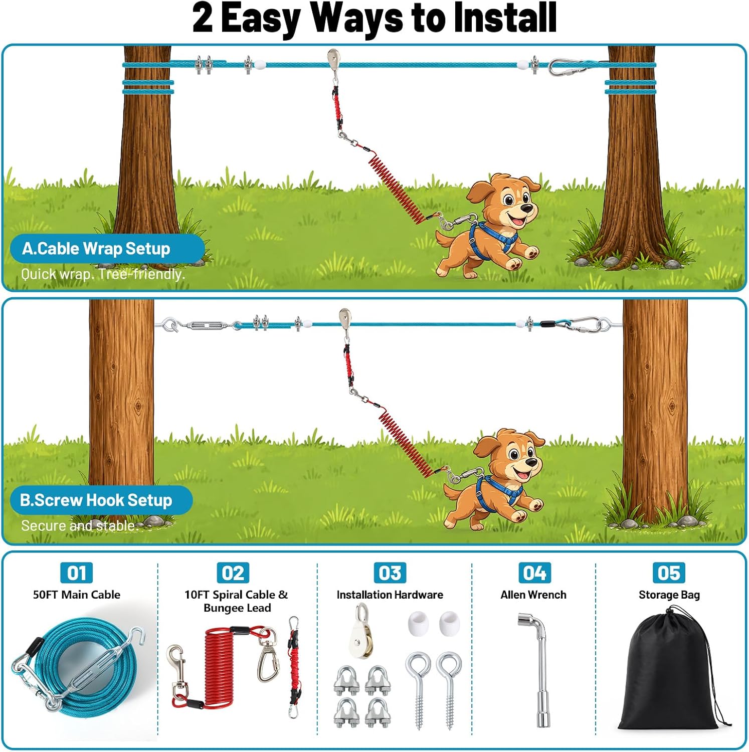 50FT Dog Zip Line System for Large Dogs Up to 300lb