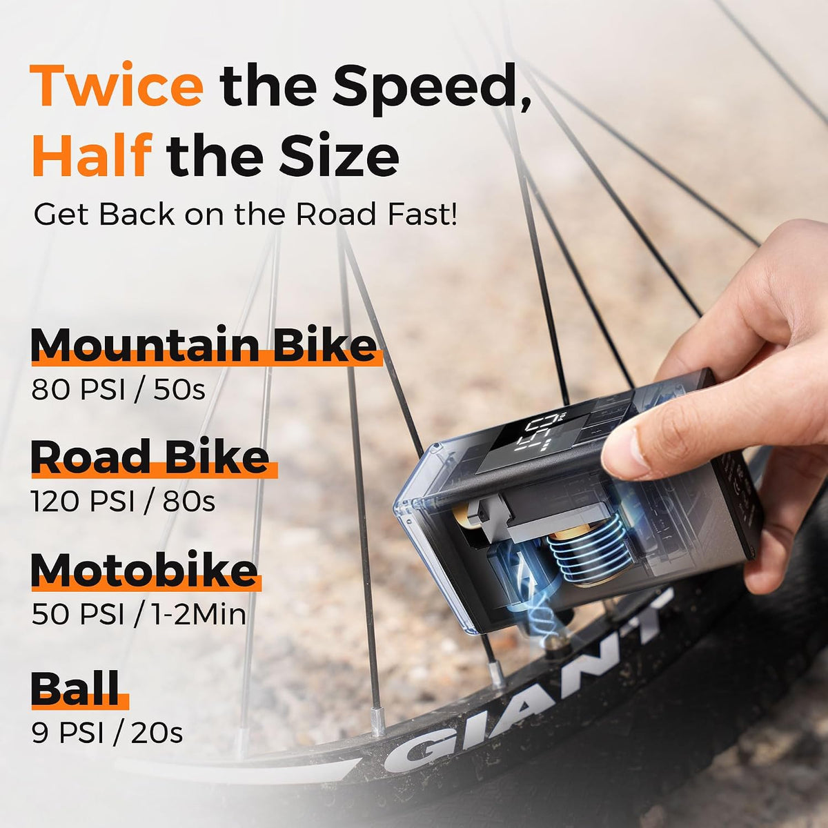 Aerogogo 150PSI Mini Bike Tire Pump, 25s Fast Inflate Bike Pump with Gauge, Portable Tire Inflator Bike Air Pump with Presta and Schrader Valve, Suitable for Road, Mountain, E-Bike