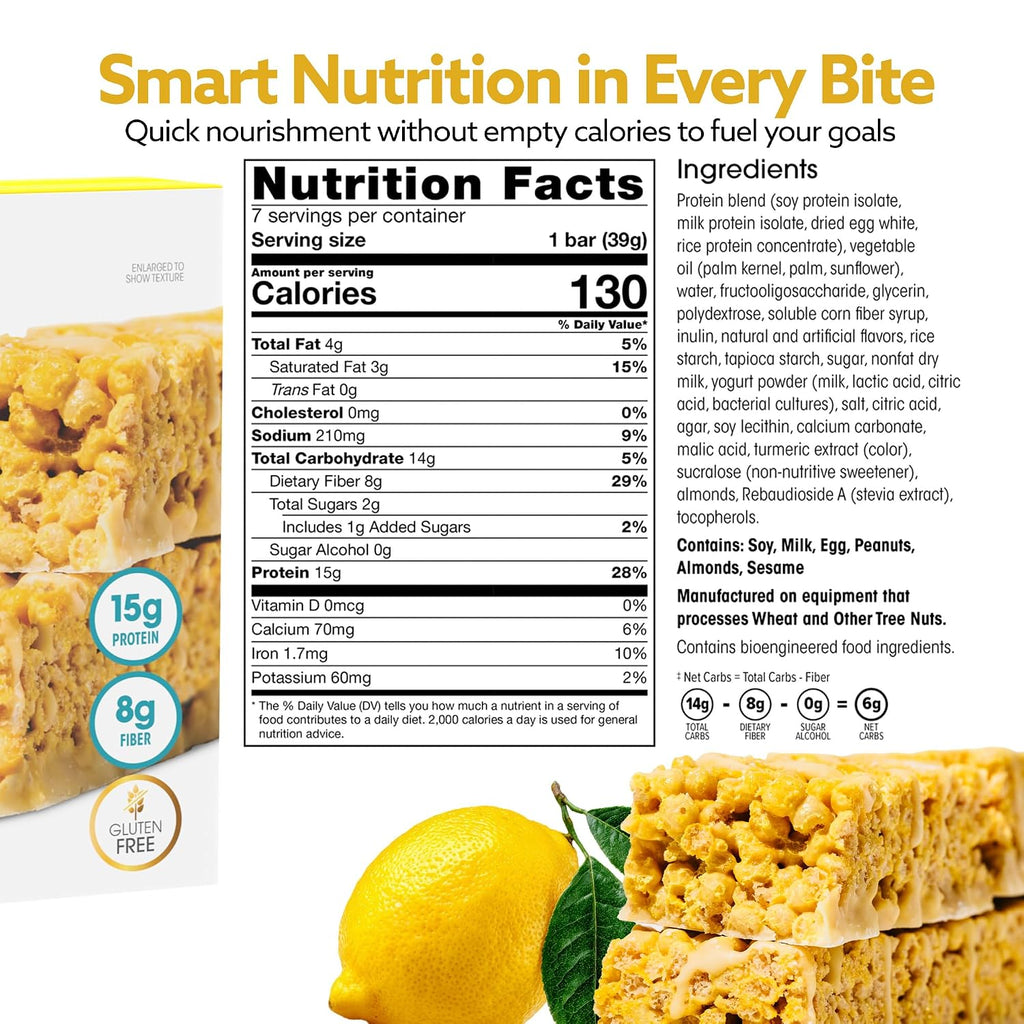 Wonderslim High Fiber Protein Bars, Low Calorie Snack – Fluffy Lemon, 7ct