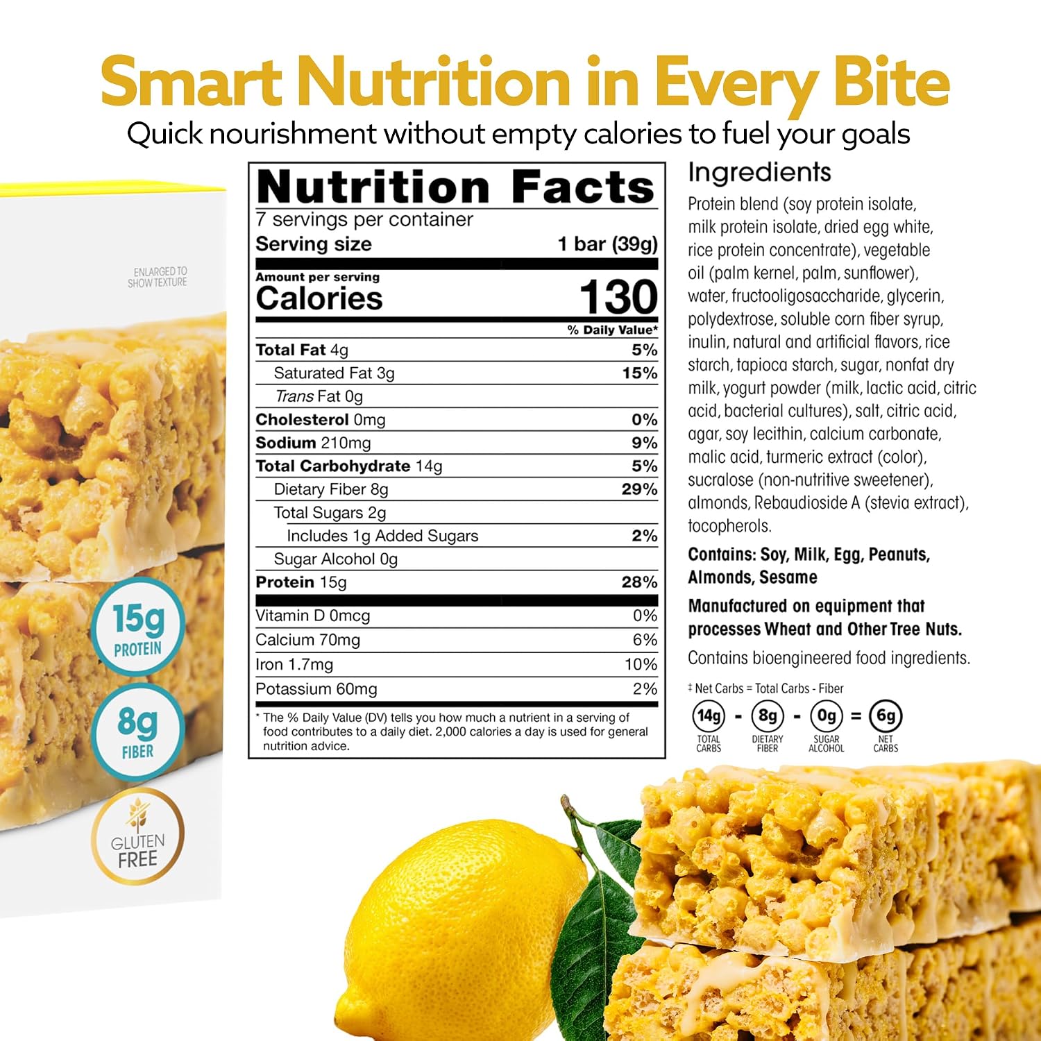 Wonderslim High Fiber Protein Bars, Low Calorie Snack – Fluffy Lemon, 7ct