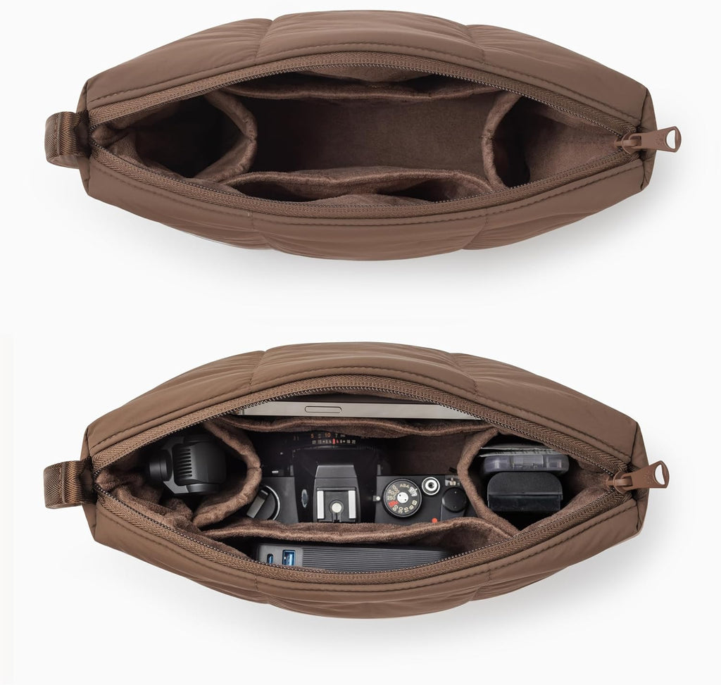 Comfyable Puffy Camera Bag, Soft Pillow Camera Bag with Shoulder Strap, Water-resistant Cute Compact Shooting Purse for Mirrorless DSLR SLR Women and Men, Mocha Brown