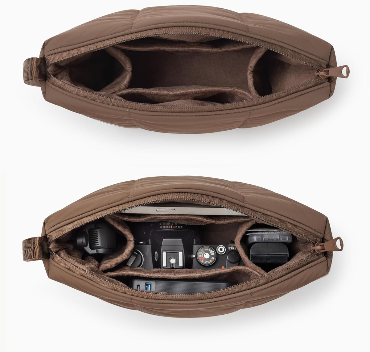 Comfyable Puffy Camera Bag, Soft Pillow Camera Bag with Shoulder Strap, Water-resistant Cute Compact Shooting Purse for Mirrorless DSLR SLR Women and Men, Mocha Brown
