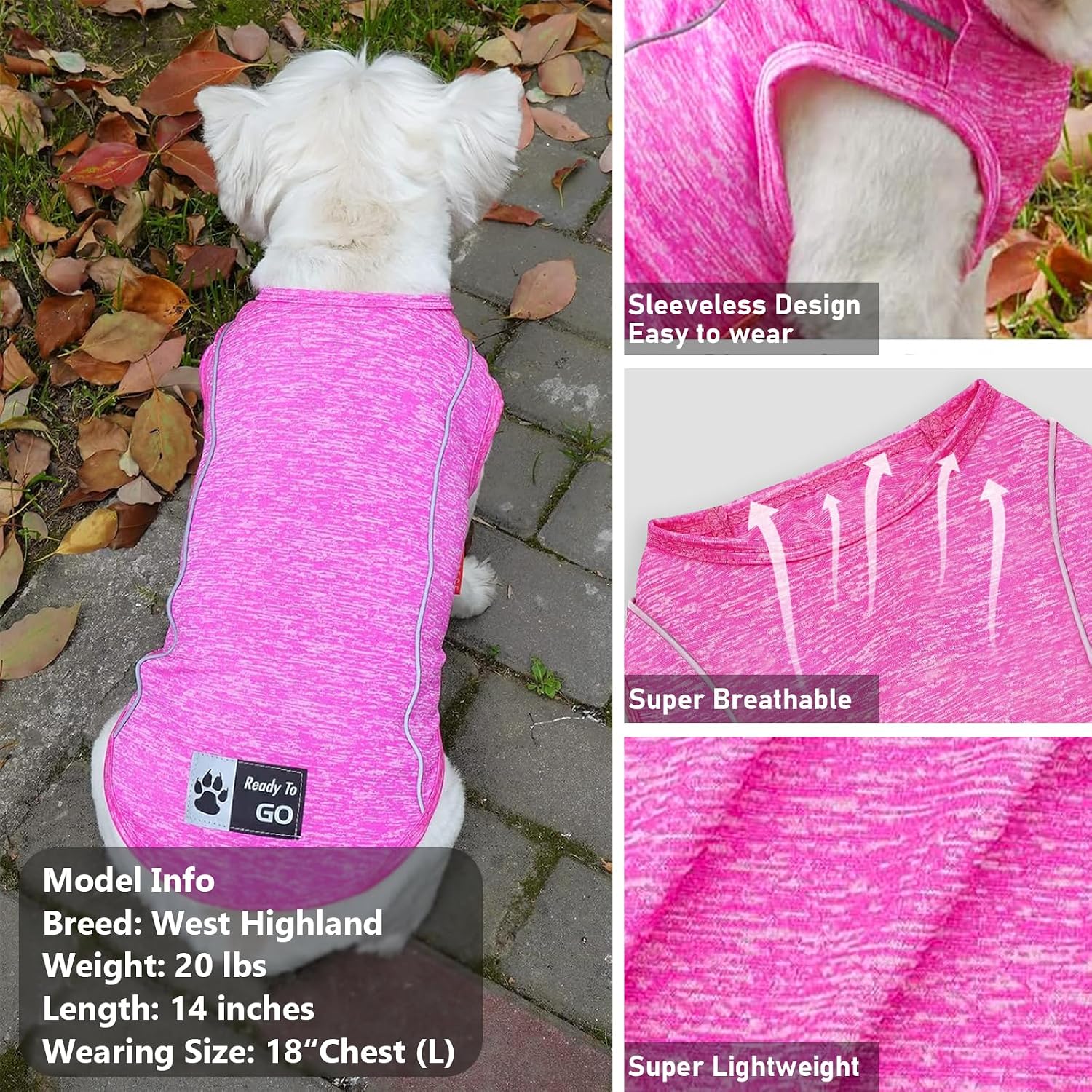 KYEESE Reflective Dog Shirt, Lightweight Sun Protection Dog T Shirts for Small Dogs Girl, Breathable Sleeveless Pet Tank Top Summer Dogs Clothes for Night Walking Outdoor, Rose Red, M
