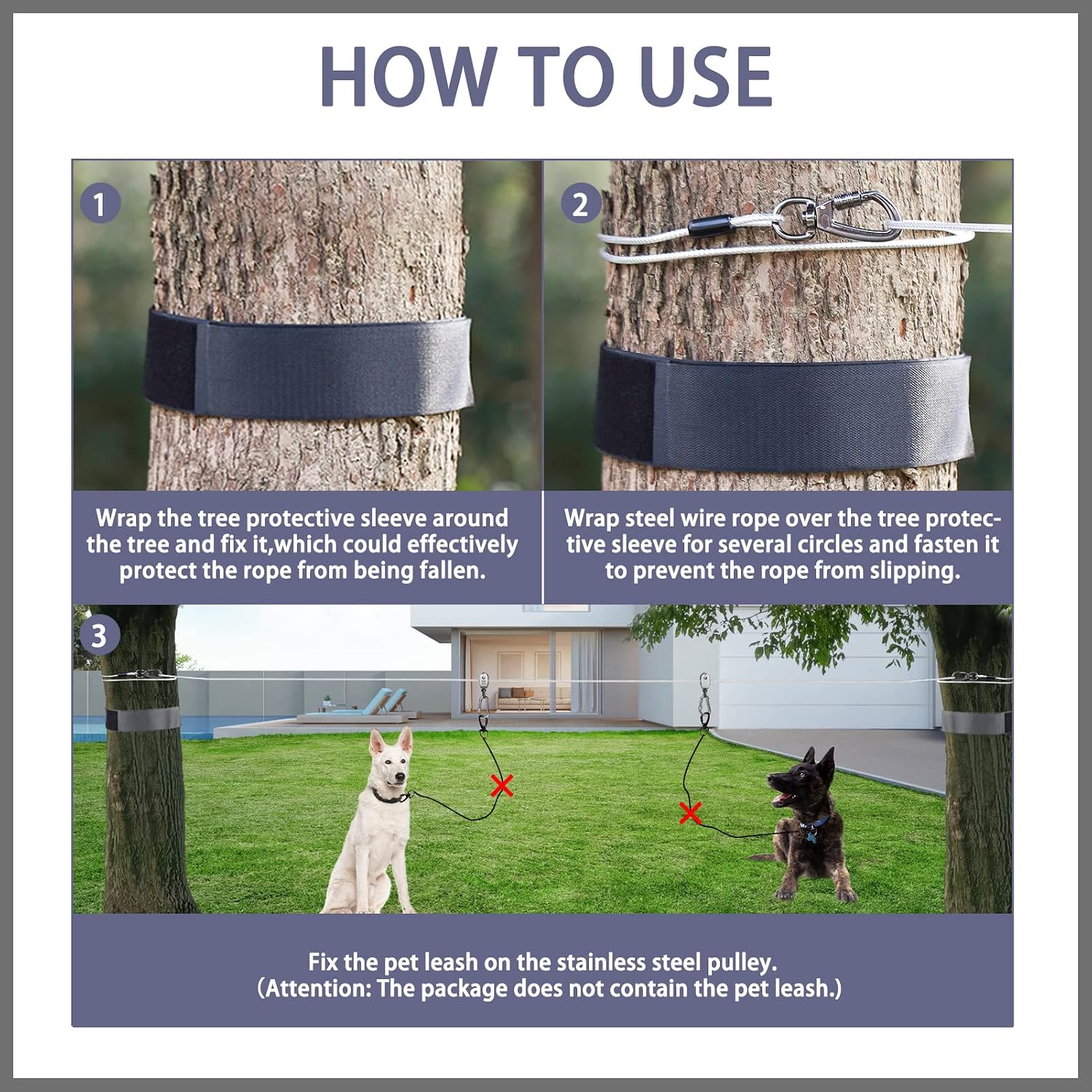 PAWCHIE Dog Tie Out Cable for Camping - 50ft Portable Overhead Trolley System for Dogs up to 200lbs, Heavy Duty Reflective Steel Wire Dog Runner for Yard, Parks, Outdoor Events