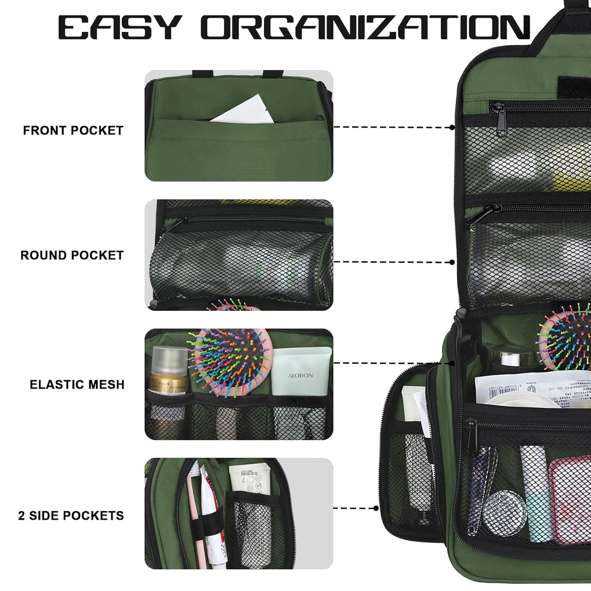 Goloni Hanging Toiletry Bag for Men Women, Water-Resistant Organizer,Green