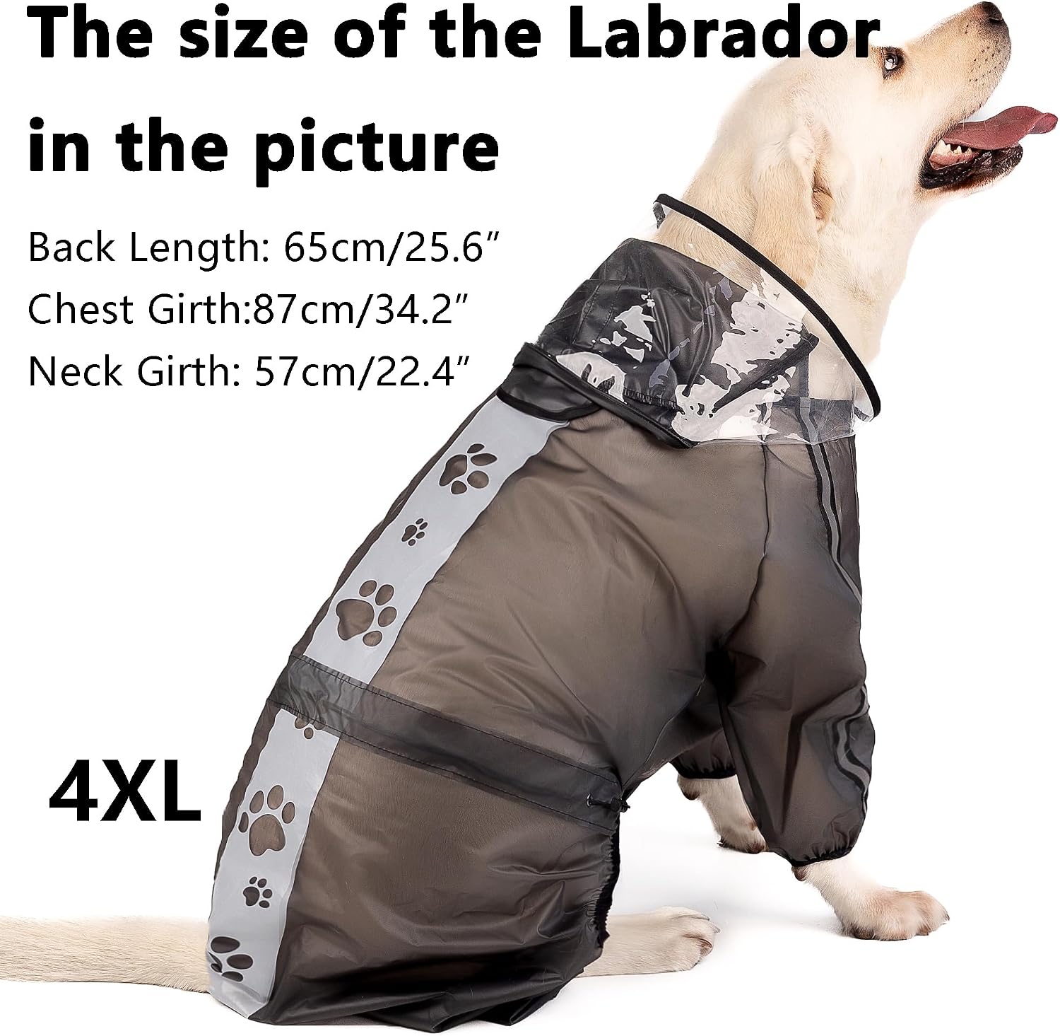 Olsa Dog Raincoat, Dog Hooded Slicker Poncho, 4 Legs Rain Jacket with Reflective Stripe, Transparent Water Proof Resistant Rain Snow Clothes for Small Medium Large (Black, 4XL)