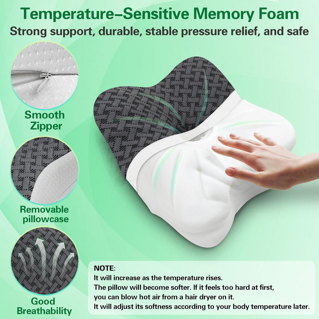 SAHEYER Travel Pillow for Sleeping, Ergonomic Cervical Neck Support Pillows, Lightweight Memory Foam Travel Pillow for Camping, Backpacking, Hammock - with Travel Storage Bag and Cooling Cover, Black