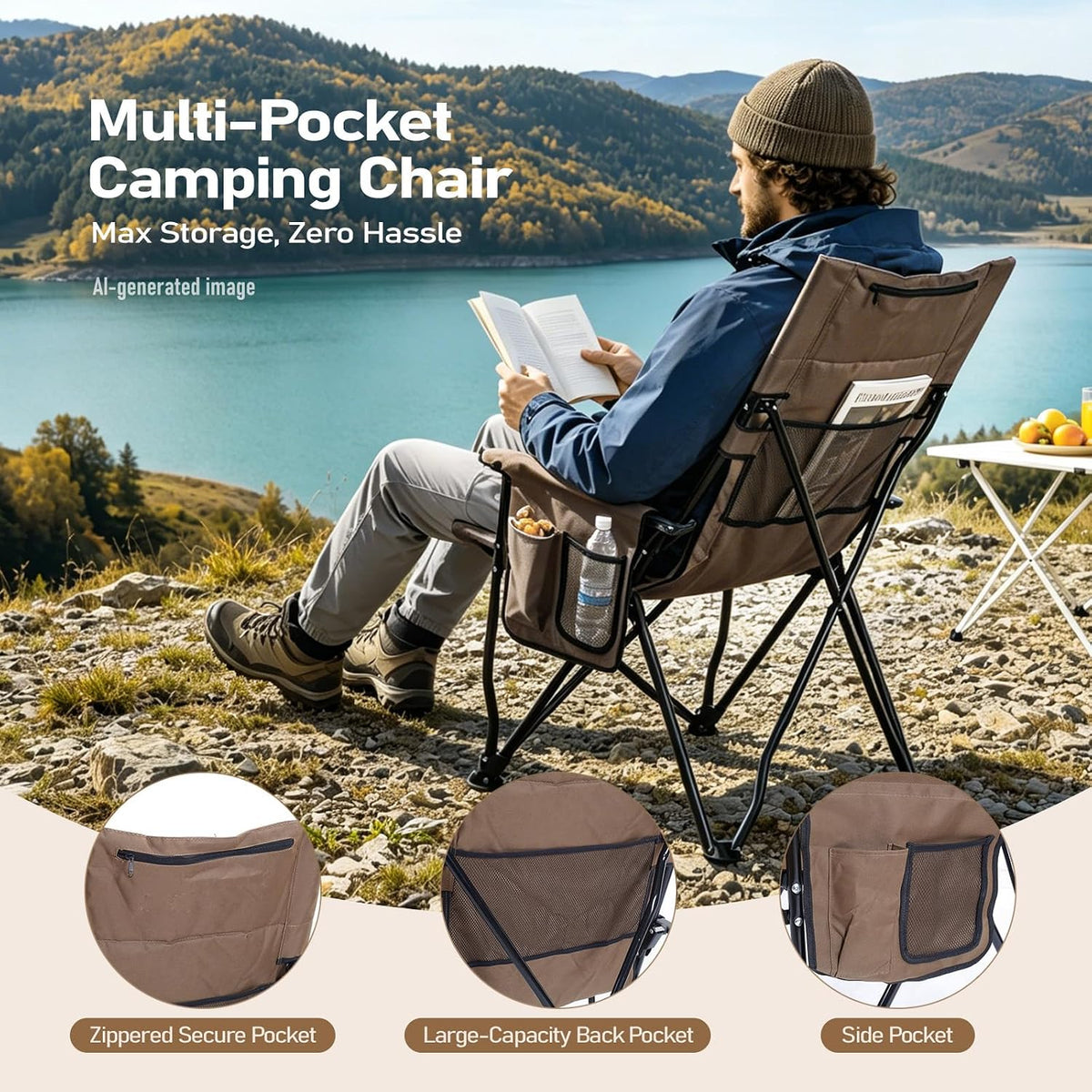 Folding Camping Chair, High Back Padded Portable Camp Chair with Storage Bag, 600D Oxford Fabric Comfortable Chair for Outdoor Camping, Beach, Fishing (Khaki)