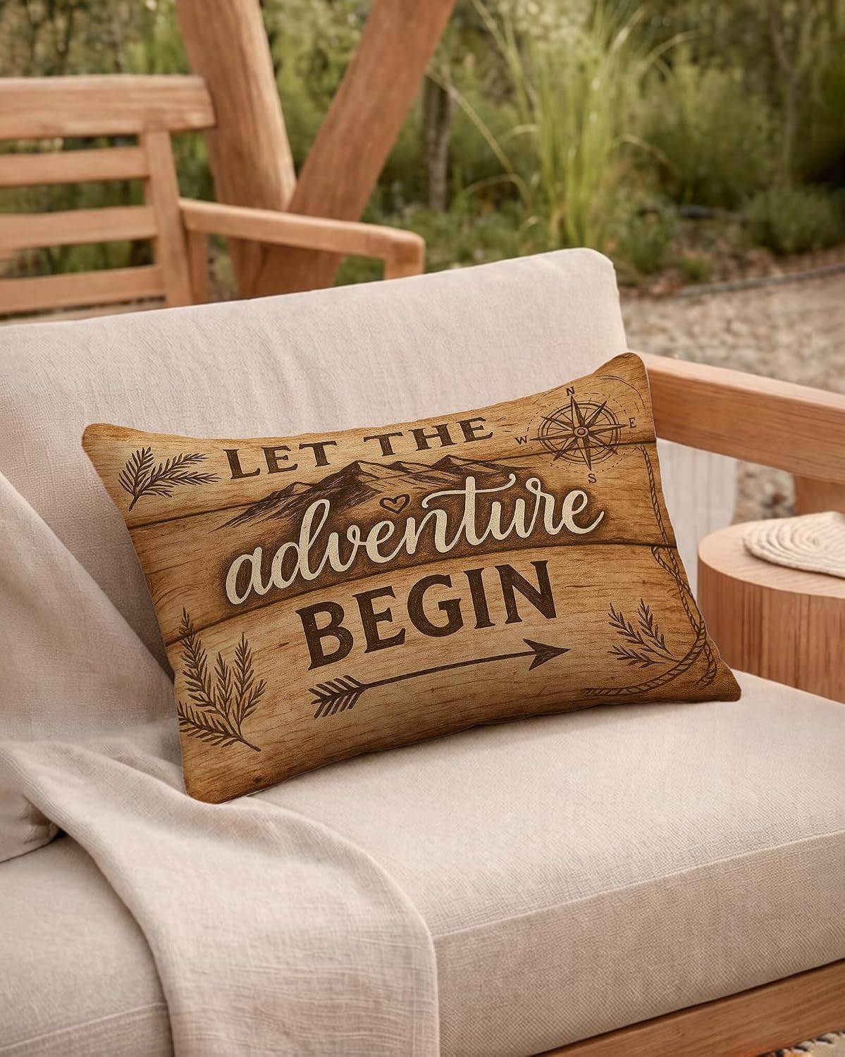 Rustic Camping Pillow Cover 12x20, Gift for Camper and Travel Lovers, Let The Adventure Begin Decorative Throw Pillow Cover Pillowcase for RV Campsite Tent Trailer Cabin Lake House