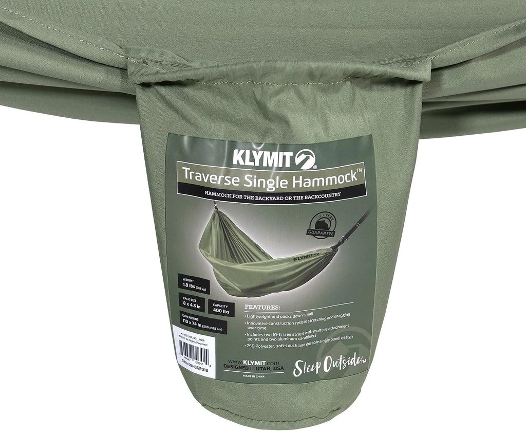 Klymit Double Wide Camping Hammock 400 lb. Capacity with Heavy Duty Straps and Caribiners - Navigator Series - Green