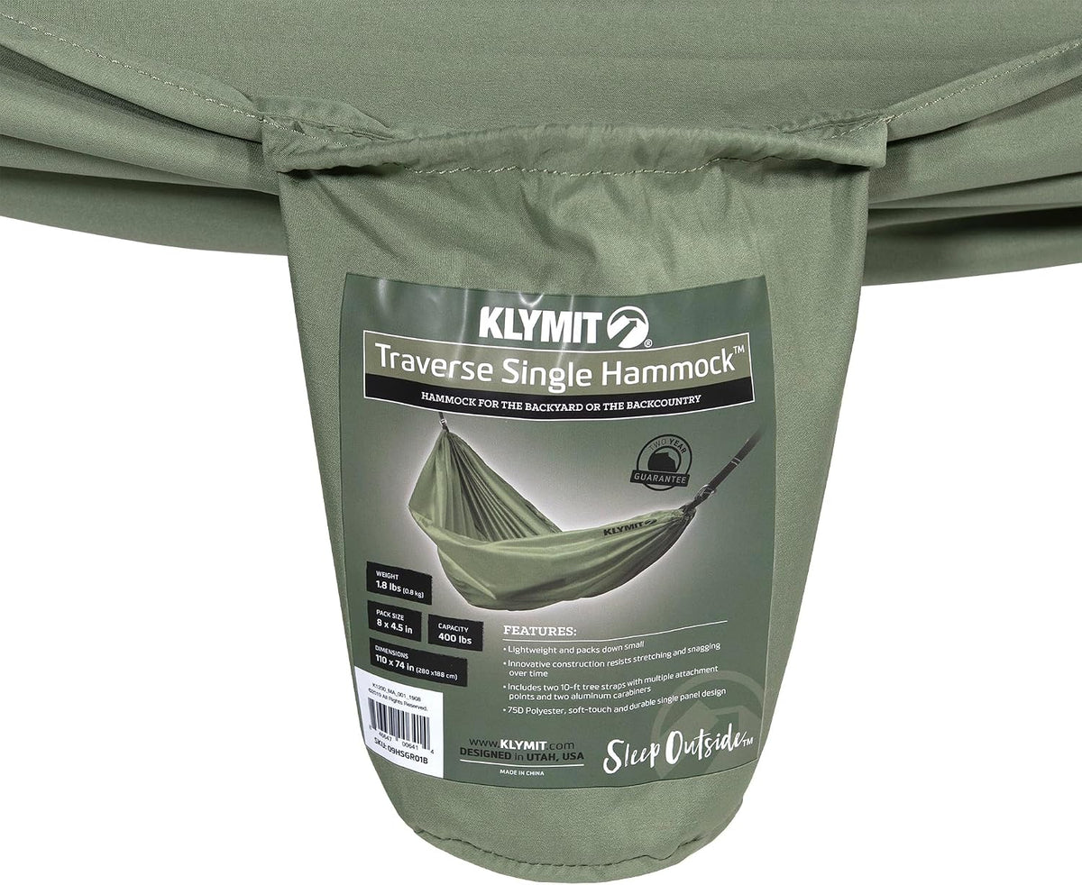 Klymit Double Wide Camping Hammock 400 lb. Capacity with Heavy Duty Straps and Caribiners - Navigator Series - Green